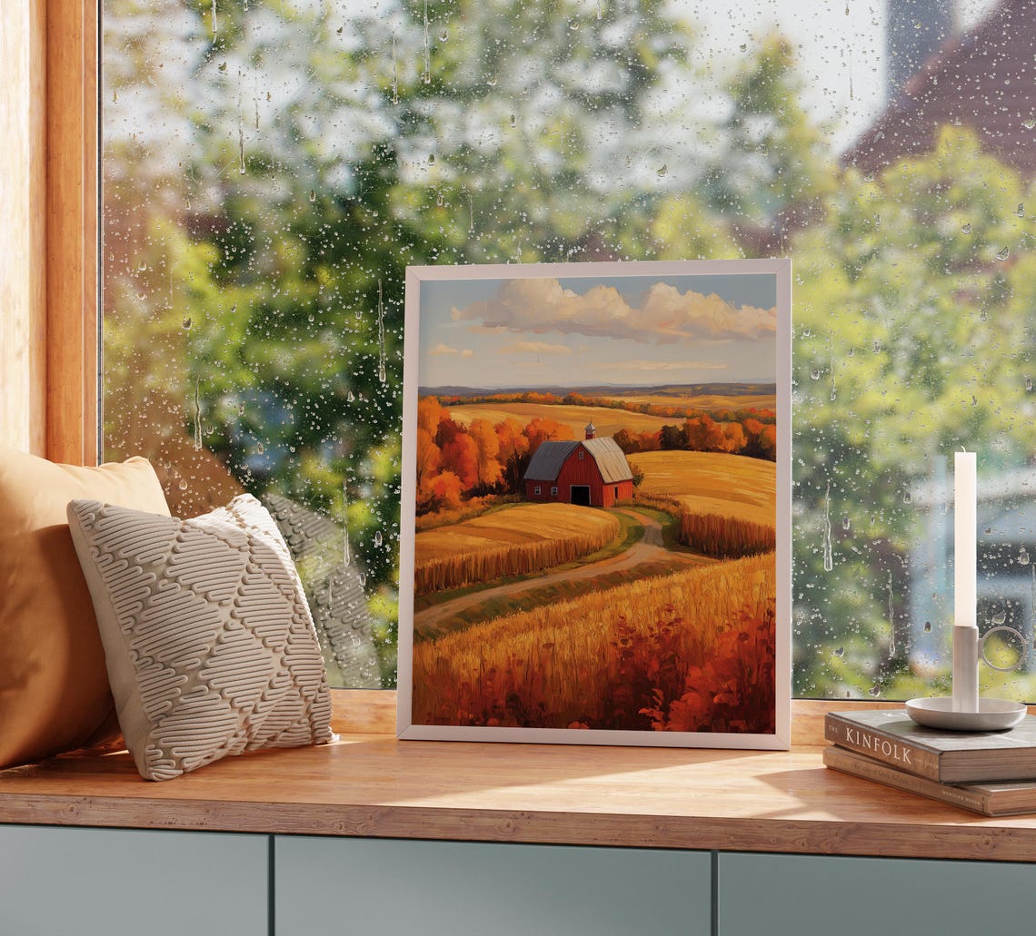 Red Gambrel Barn Surrounded By Golden Harvest Fields Fall Farm Poster - Image 2