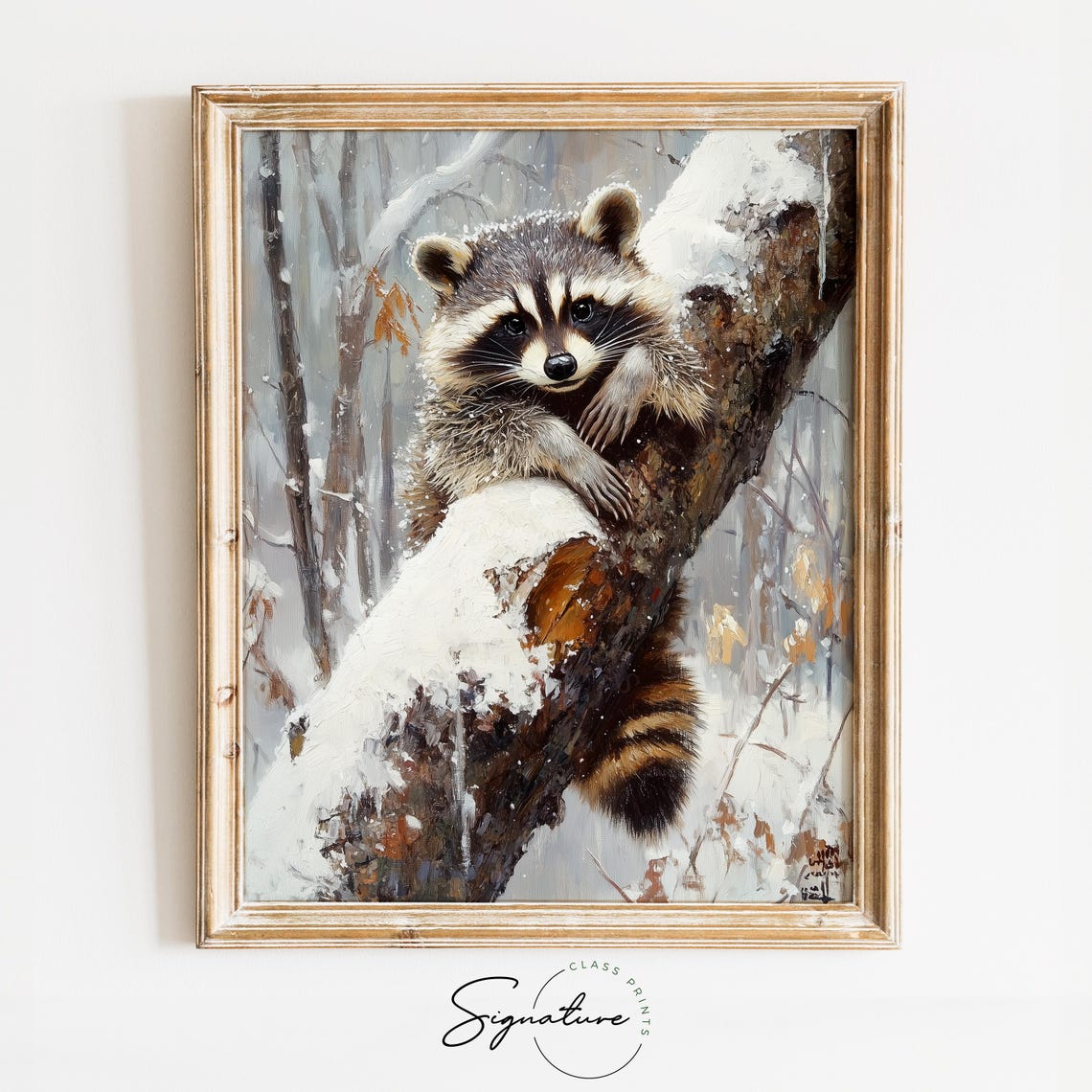 Raccoon In Snow Covered Tree Cute Winter Wildlife Art Poster