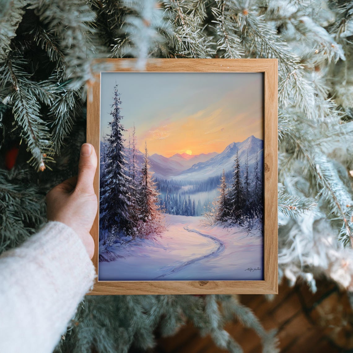 Beautiful Sunrise Over Snowy Mountain Path Winter Landscape Poster - Image 6
