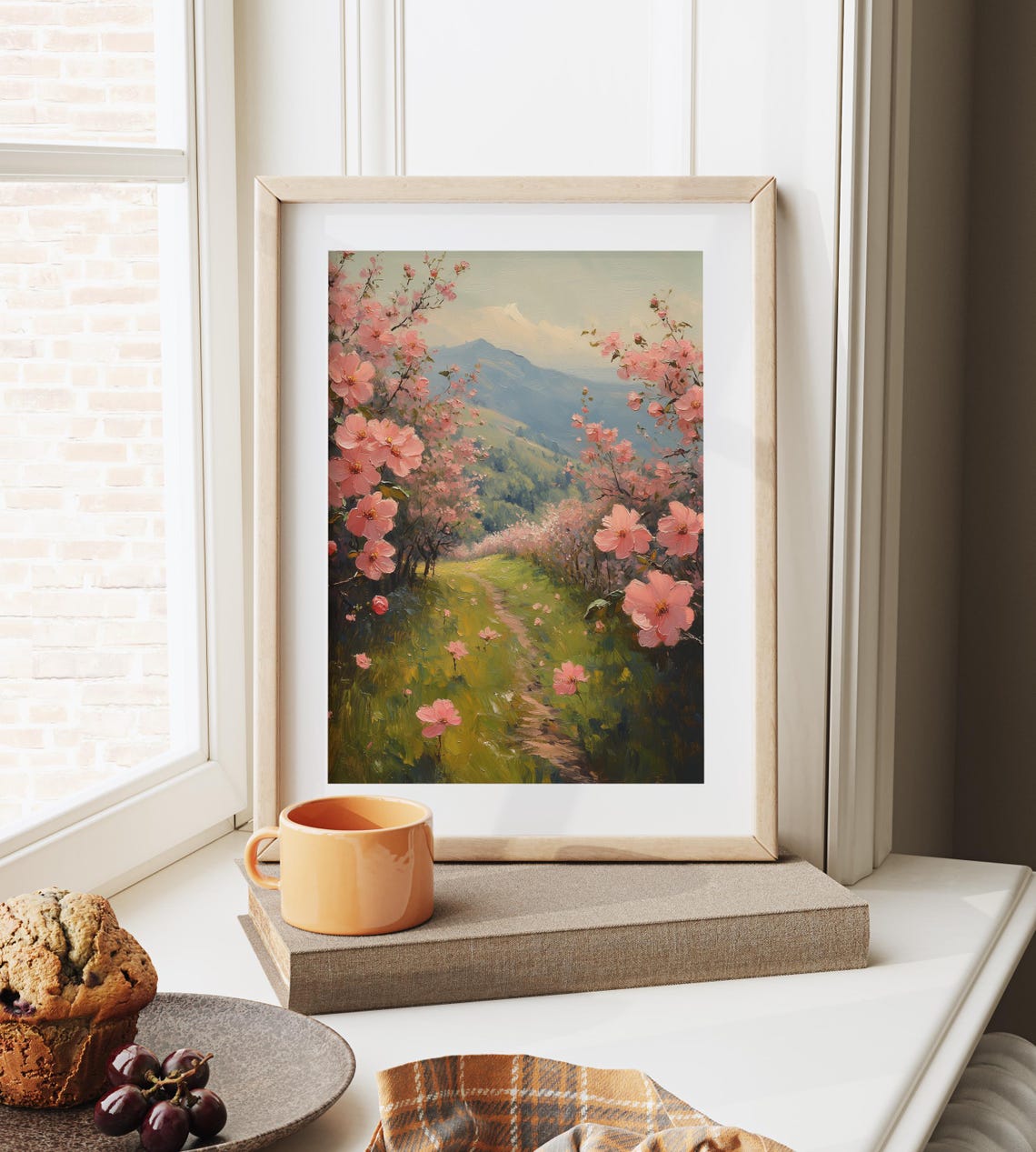 Lush Spring Meadow Cherry Blossoms With Mountain View Romantic Poster - Image 6
