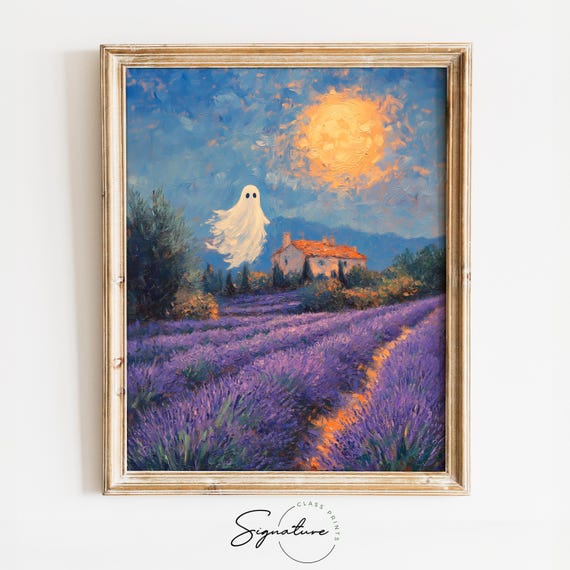 Ghost In Lavender Field Under Full Moon Rustic Cottagecore Landscape Moody Night Scene Earthy Halloween Art Wall Print 1560