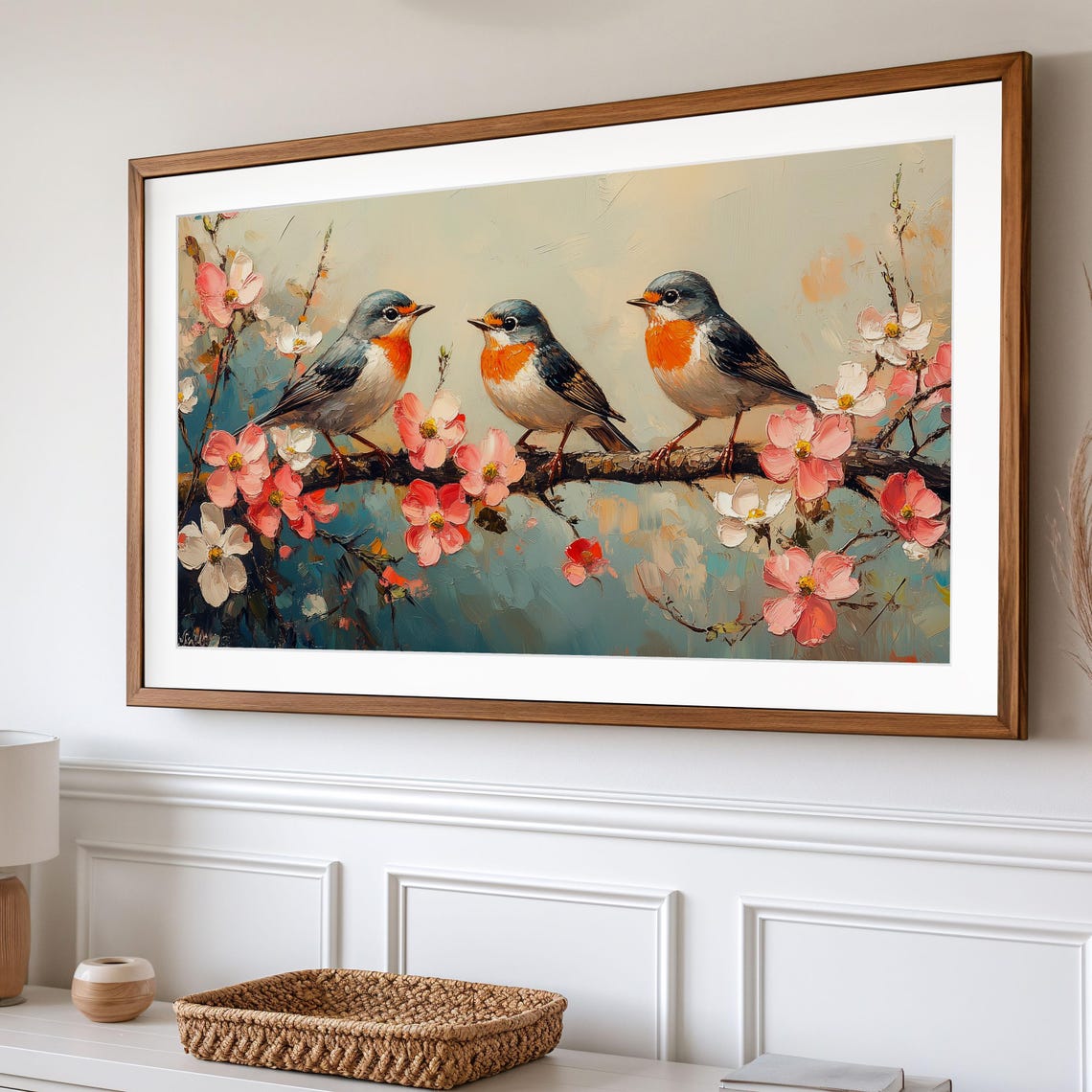 Three Robins On Cherry Blossom Branch Spring Songbird Poster - Image 2