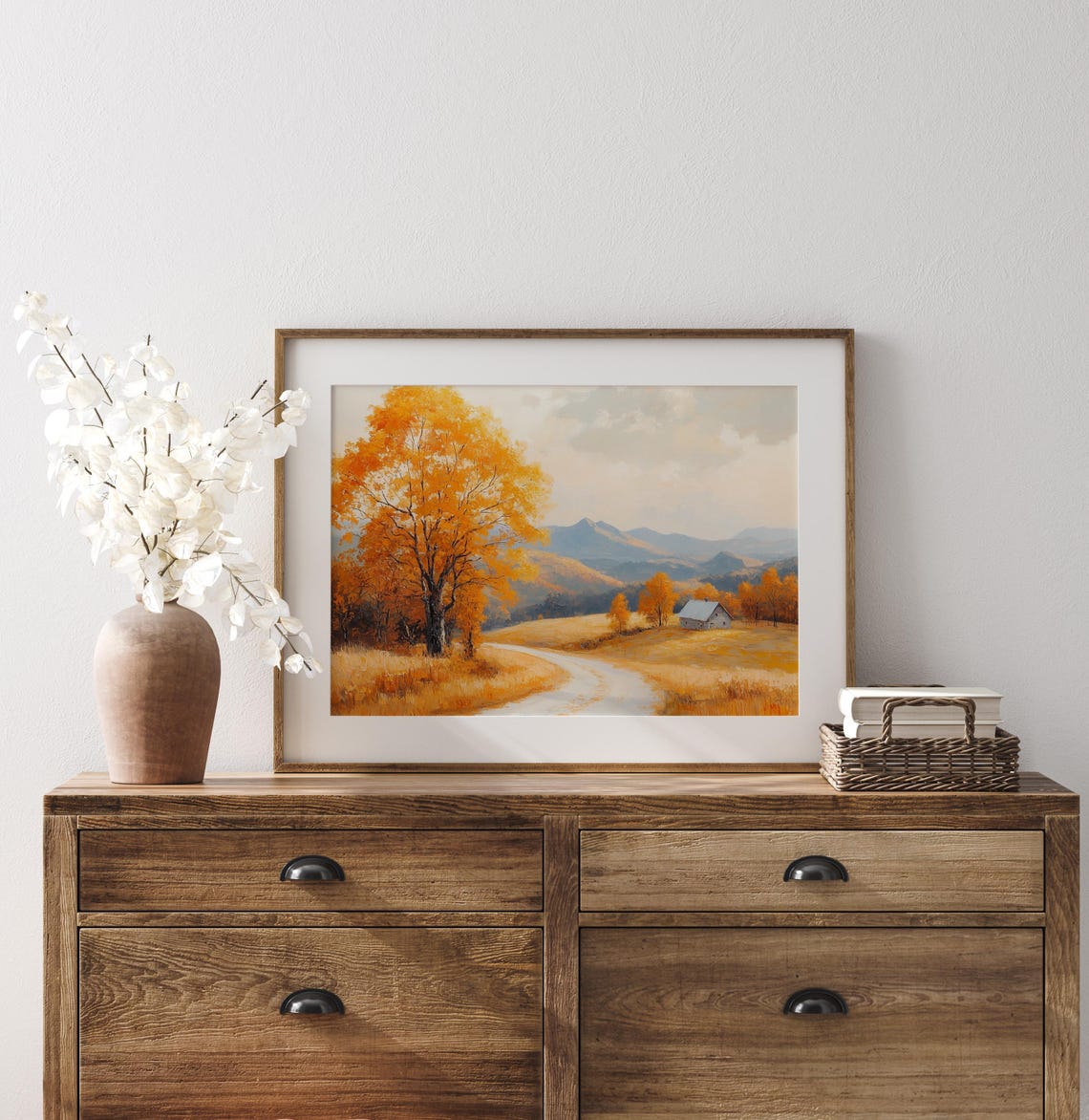 Golden Tree Country Road White Barn Oil Painting Autumn Poster - Image 3