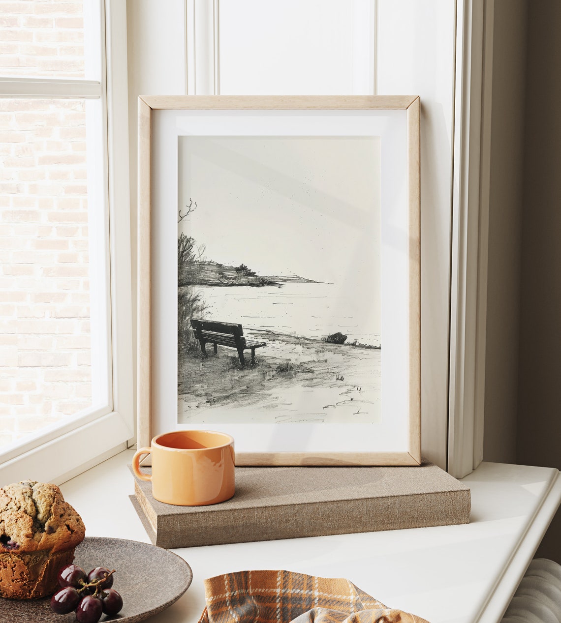 Lakeside Bench Overlooking Calm Cove Tranquil Water Sketch Poster - Image 6