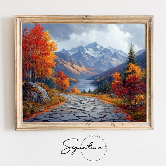 Autumn Cobblestone Lane Mountain Lake View Fall Scenic Wall Art