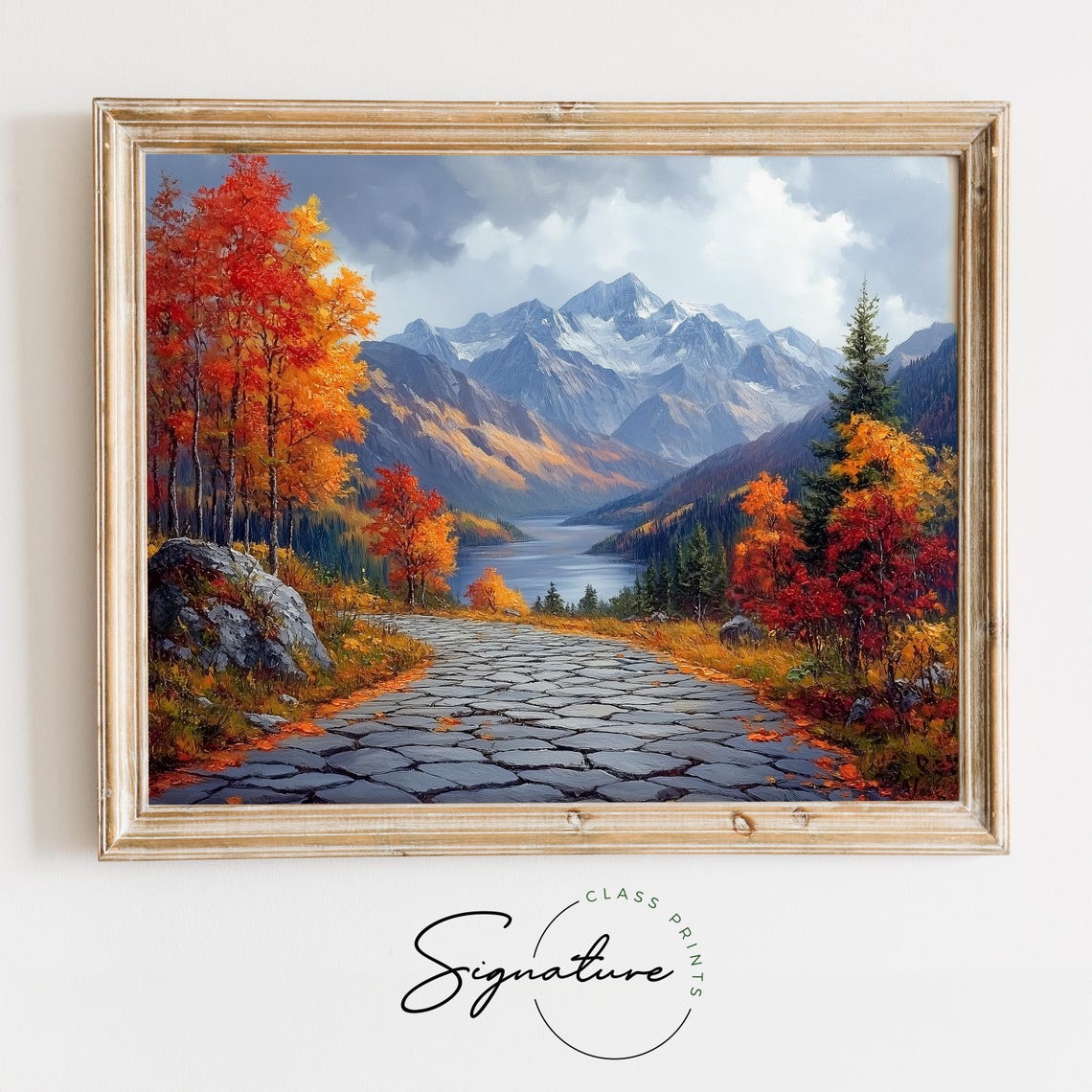 Autumn Cobblestone Lane Mountain Lake View Fall Scenic Wall Art