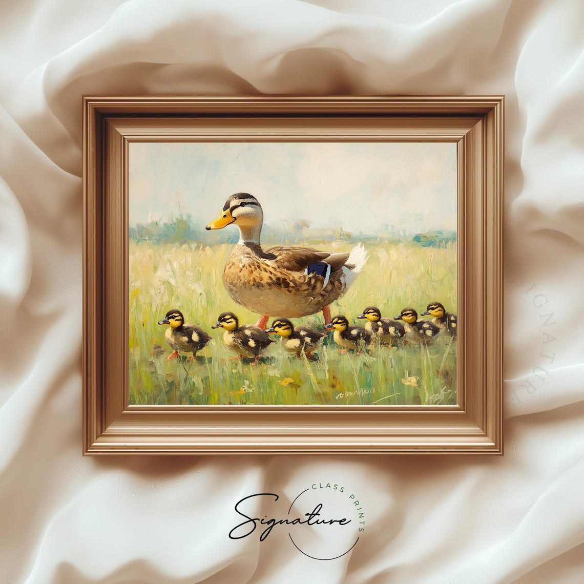 Mother Duck Leading Ducklings Through Meadow Spring Wildlife Painting