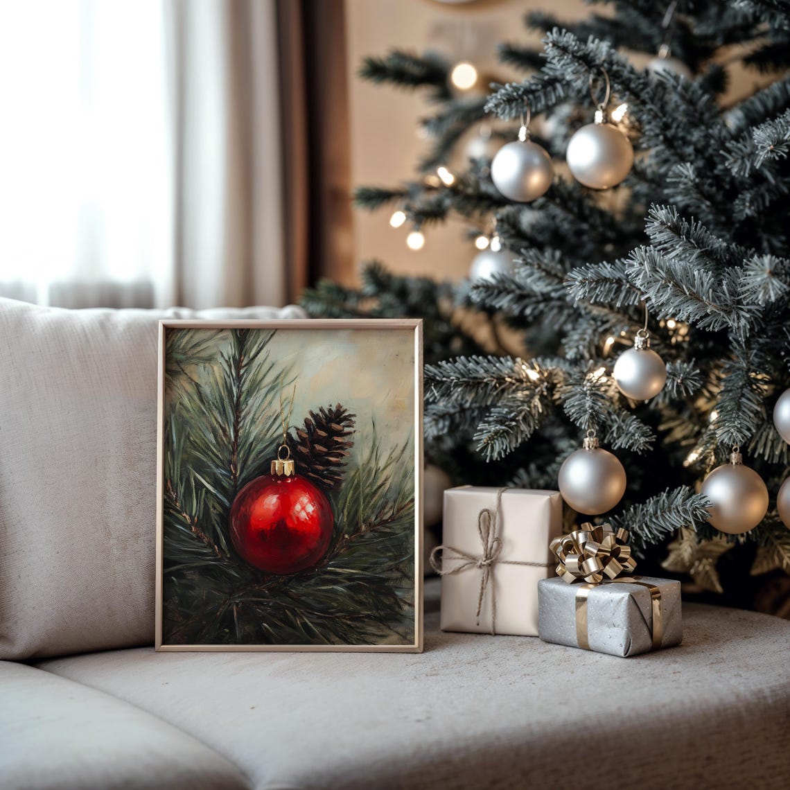 Red Christmas Ornament on Pine Branch Rustic Oil Painting Print - Image 5