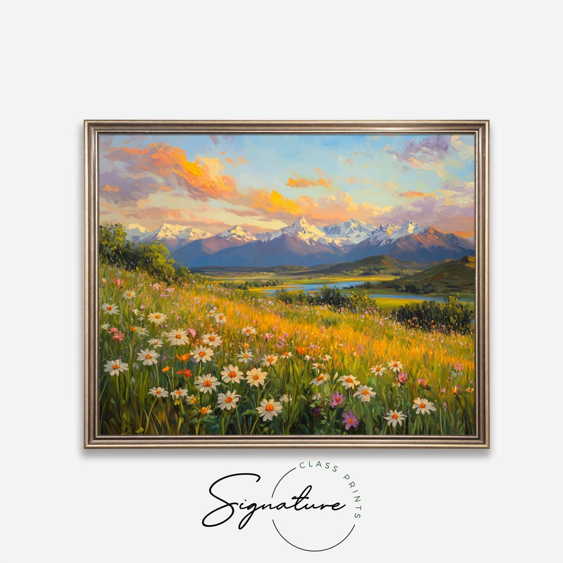 Snow Capped Mountain Sunrise Wildflower Meadow Golden Landscape Print - Image 2