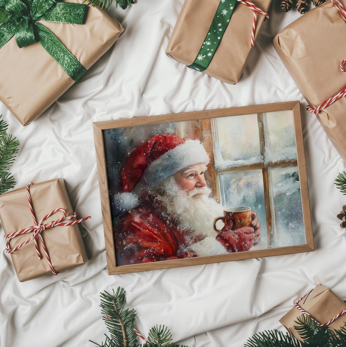 Santa Claus With A Warm Mug Gazing Out A Snowy Window Art Poster - Image 2