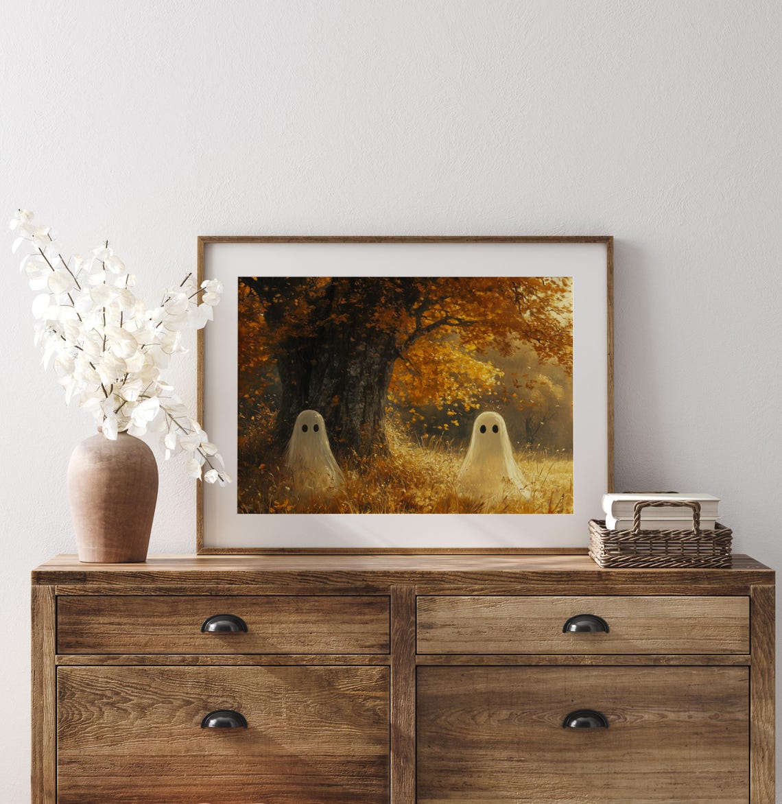 Two Playful Ghosts Floating in Golden Grasses Under an Oak Tree Poster - Image 3