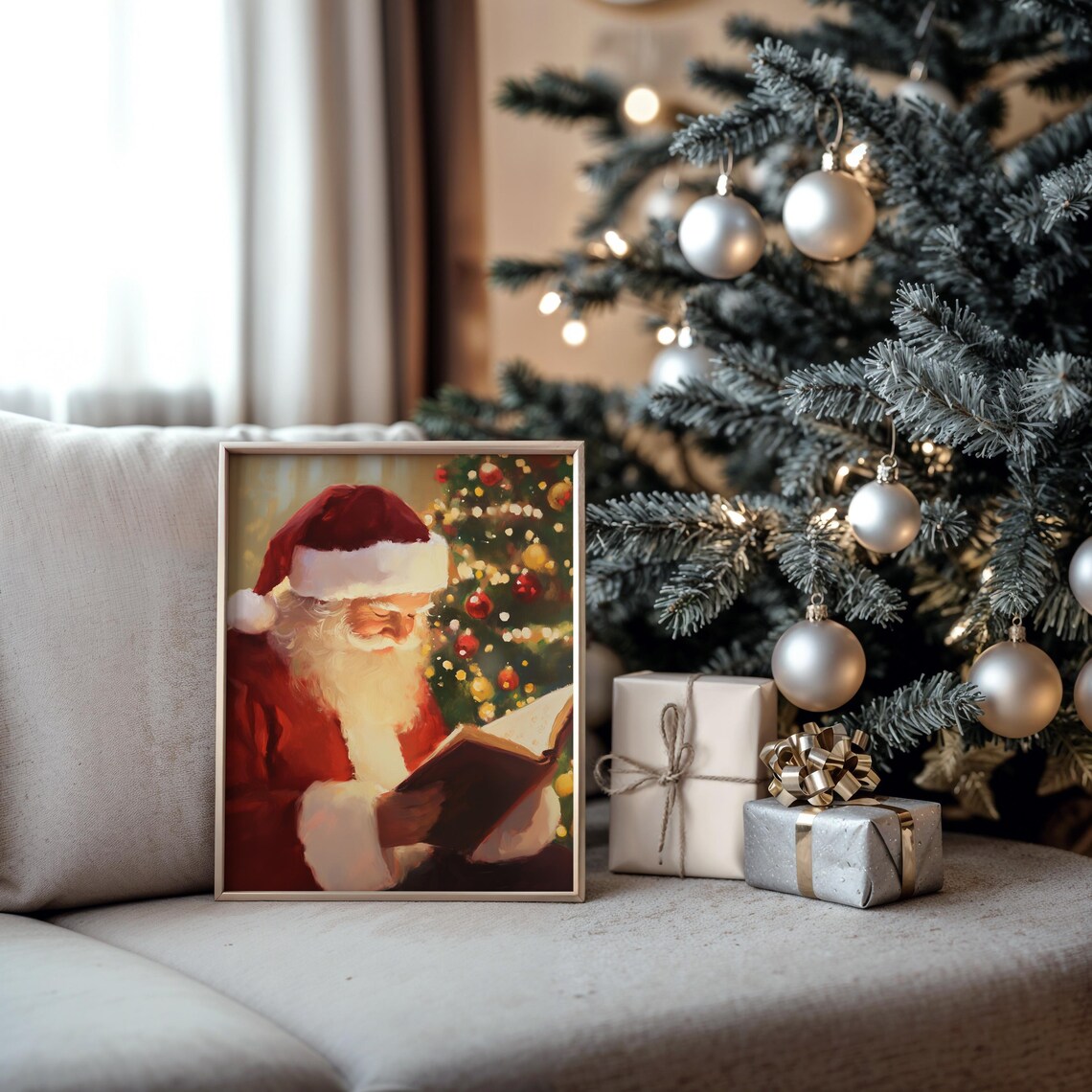 Santa Claus Reading By The Christmas Tree Warm Holiday Painting Poster - Image 6