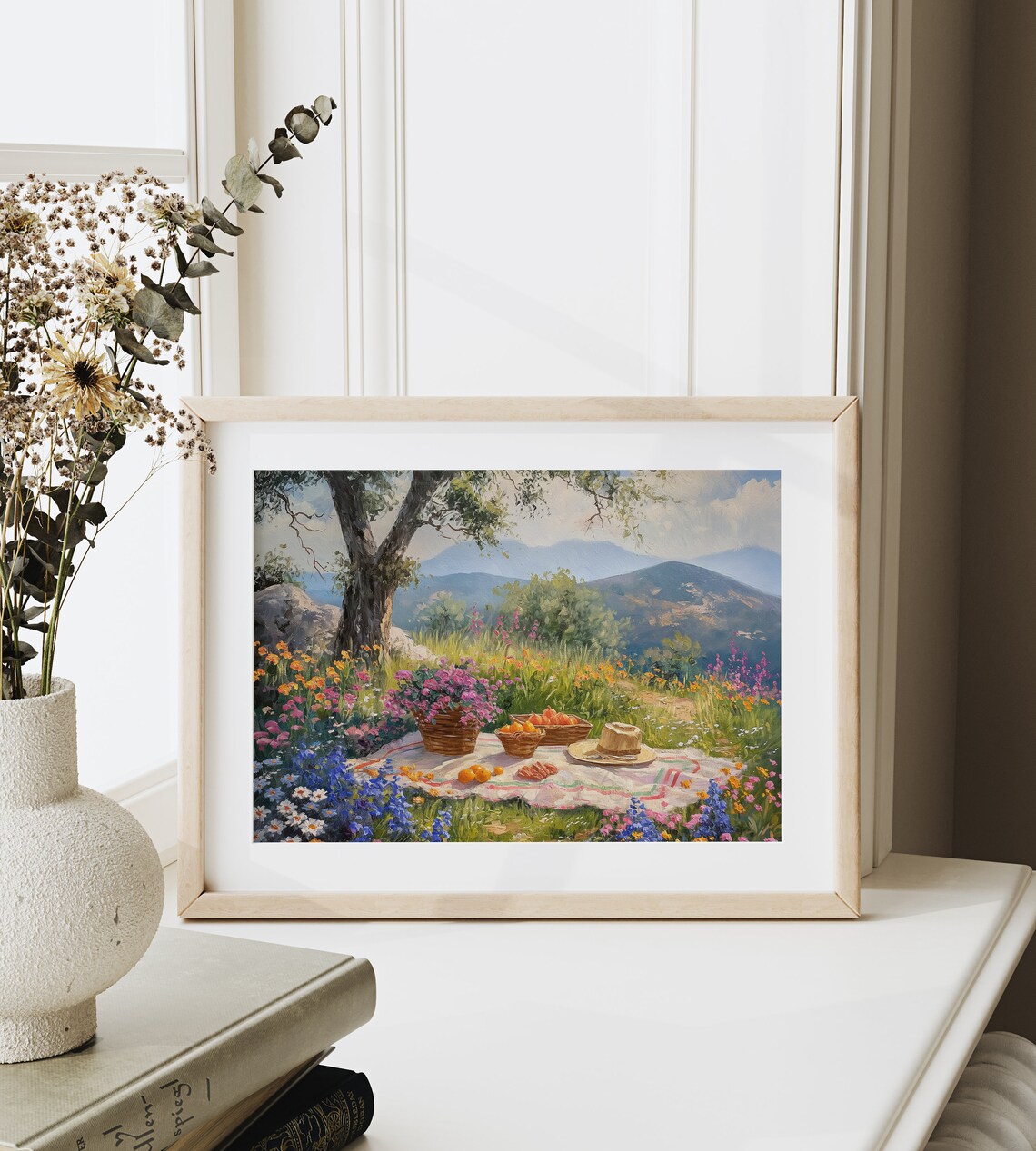 Wildflower Picnic Basket Fruit Summer Meadow Mountains Vintage Oil Poster - Image 6