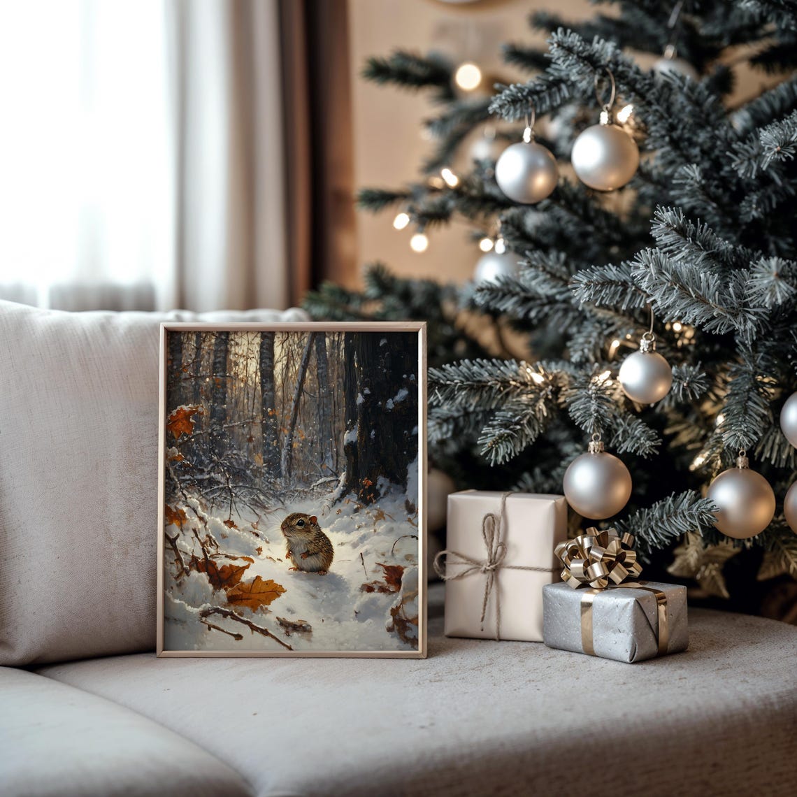 Tiny Woodland Rodent In Snowy Autumn Forest With Fallen Leaves Poster - Image 5
