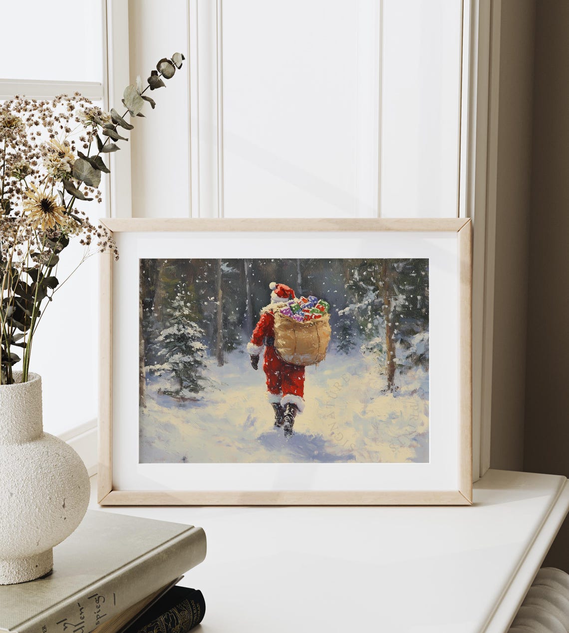 Santa Claus Carrying A Gift Sack Through The Snowy Forest Poster - Image 6