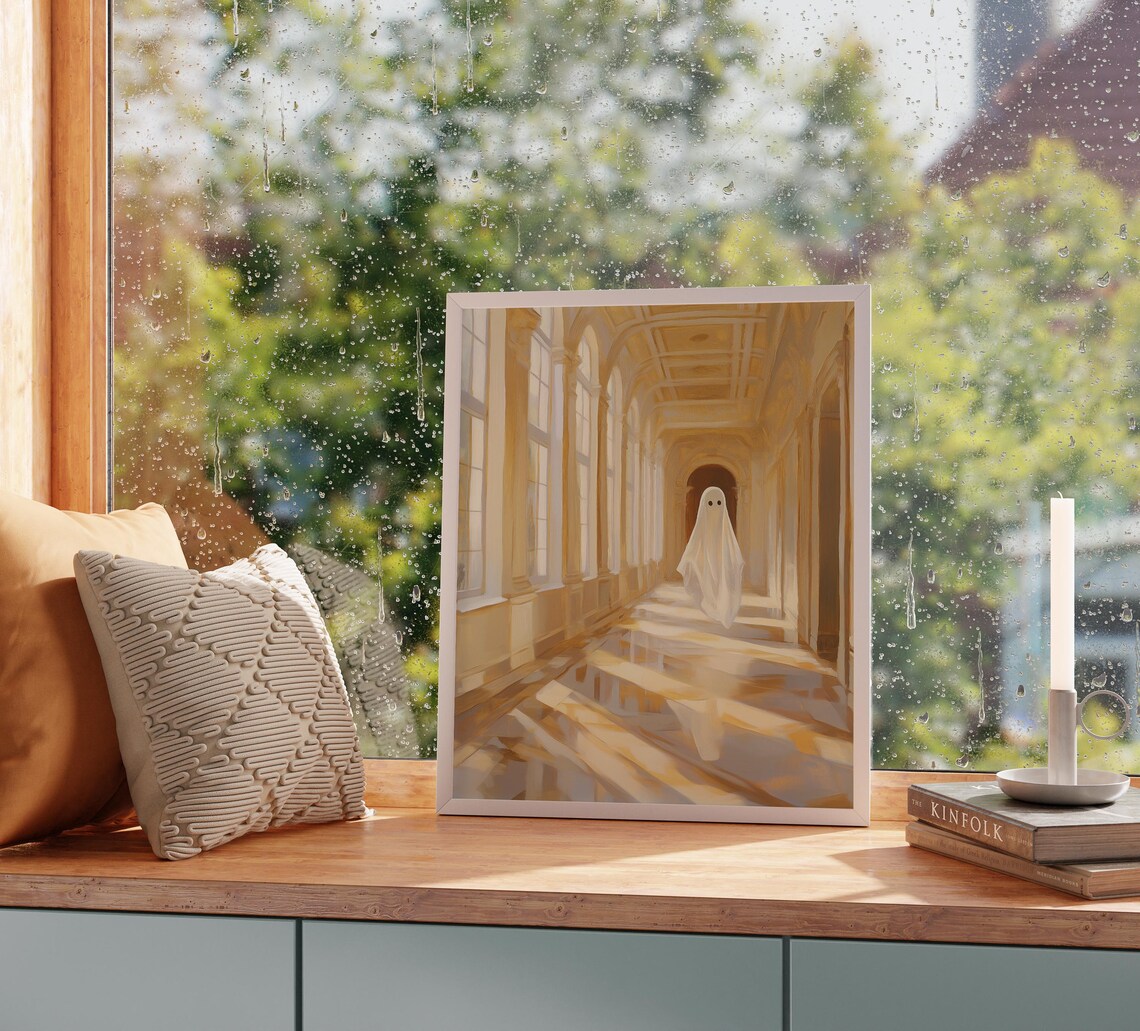 Lone Ghost in a Golden Arched Hallway with Sunlit Marble Floors Poster - Image 2