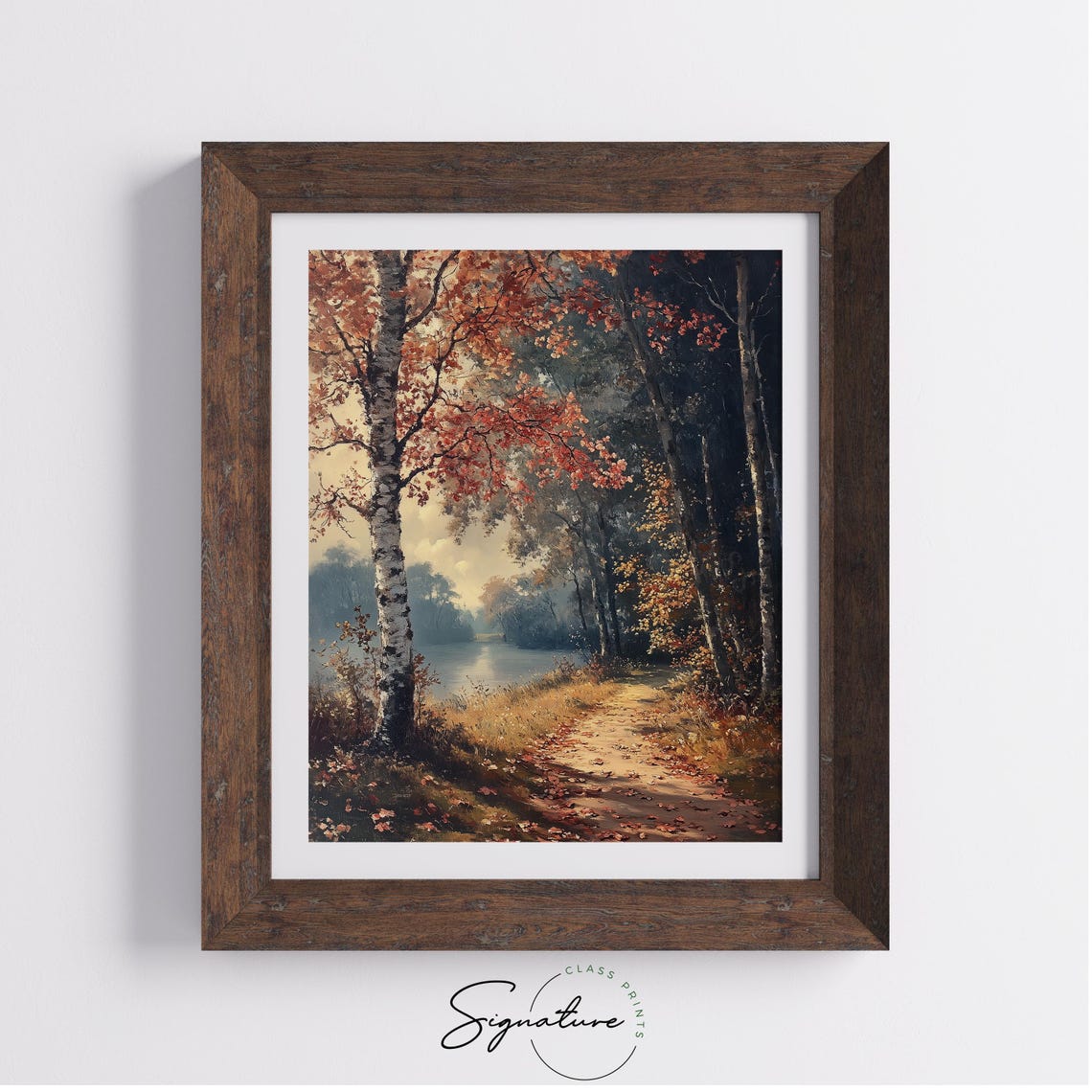 Golden Autumn Path Between Birch Trees Lakeside Oil Painting Poster - Image 2