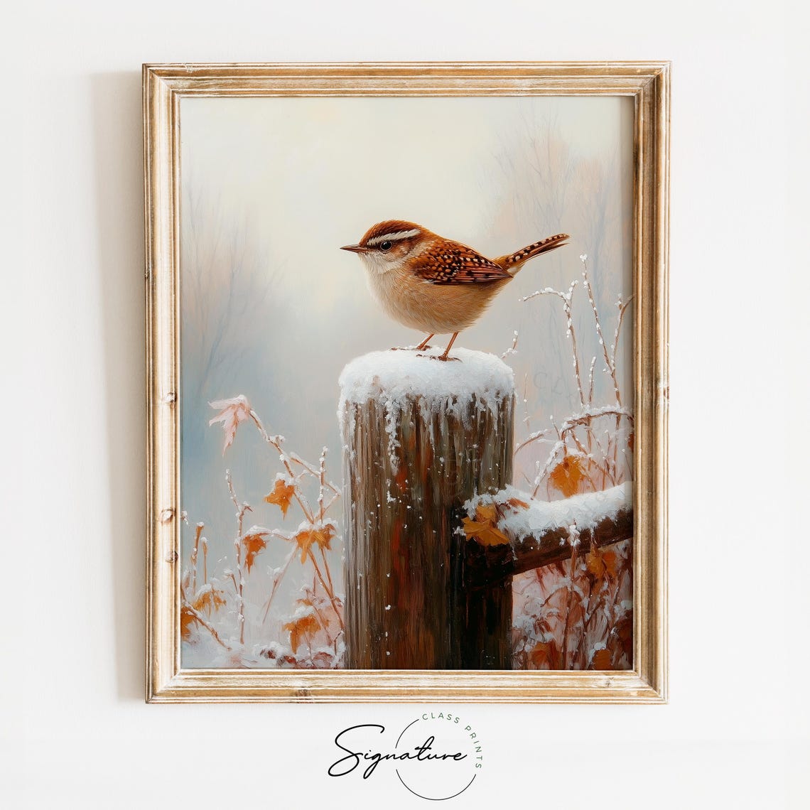 Carolina Wren on Snow Covered Fence Post Winter Wildlife Bird Poster