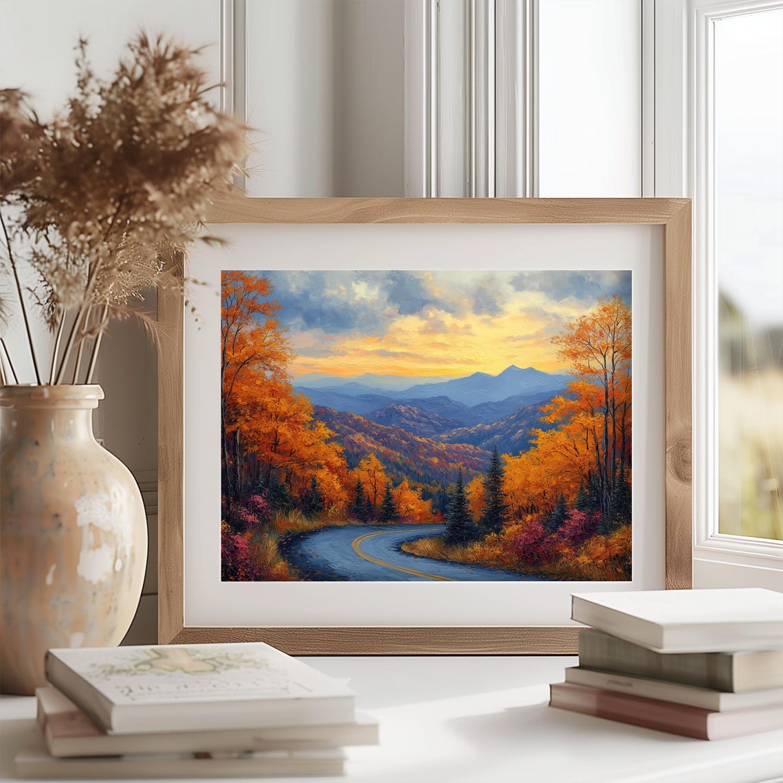 Winding Mountain Road Through Fiery Autumn Forest at Sunset Poster - Image 2