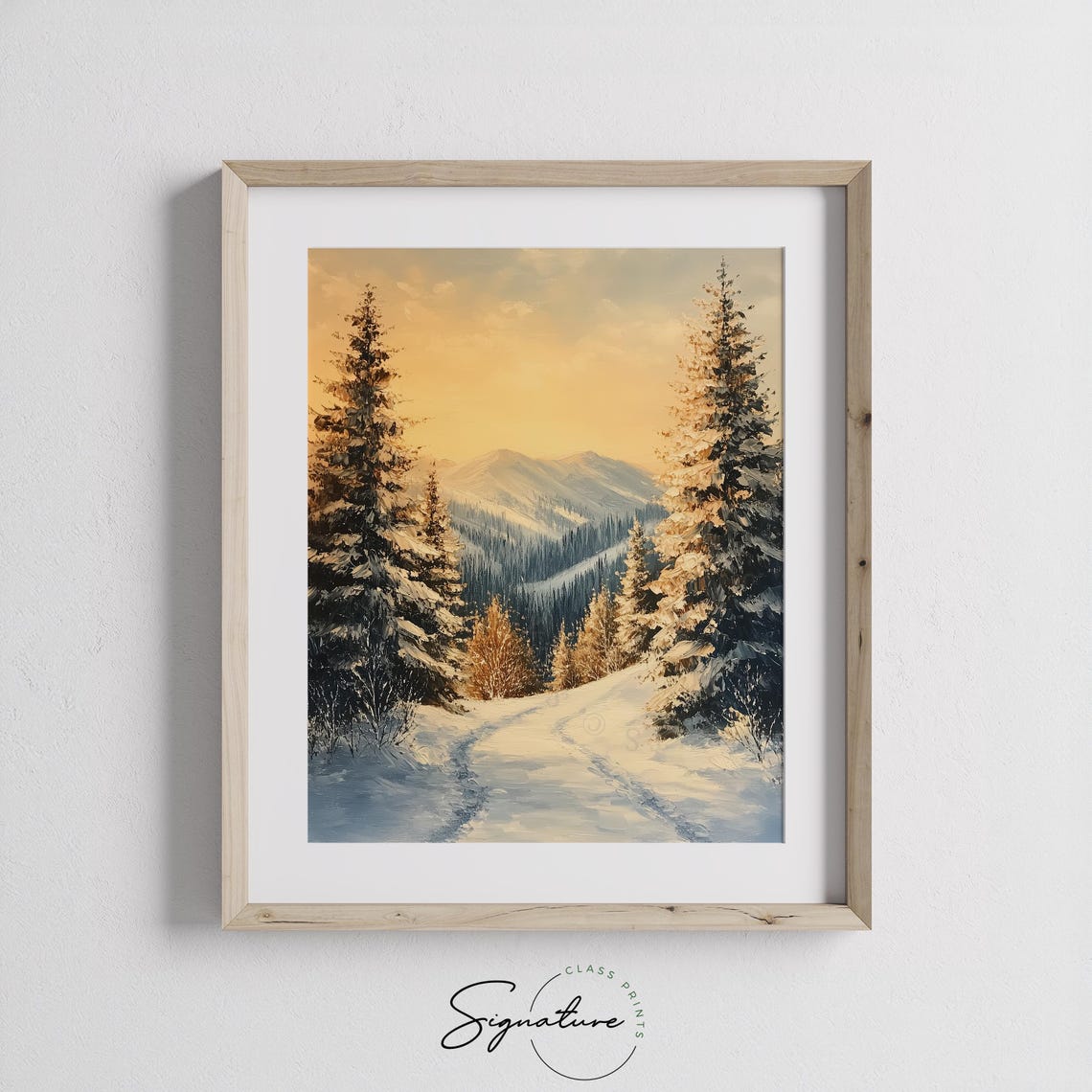 Snowy Woodland Path Through Evergreens in Warm Sunset Glow Poster - Image 2