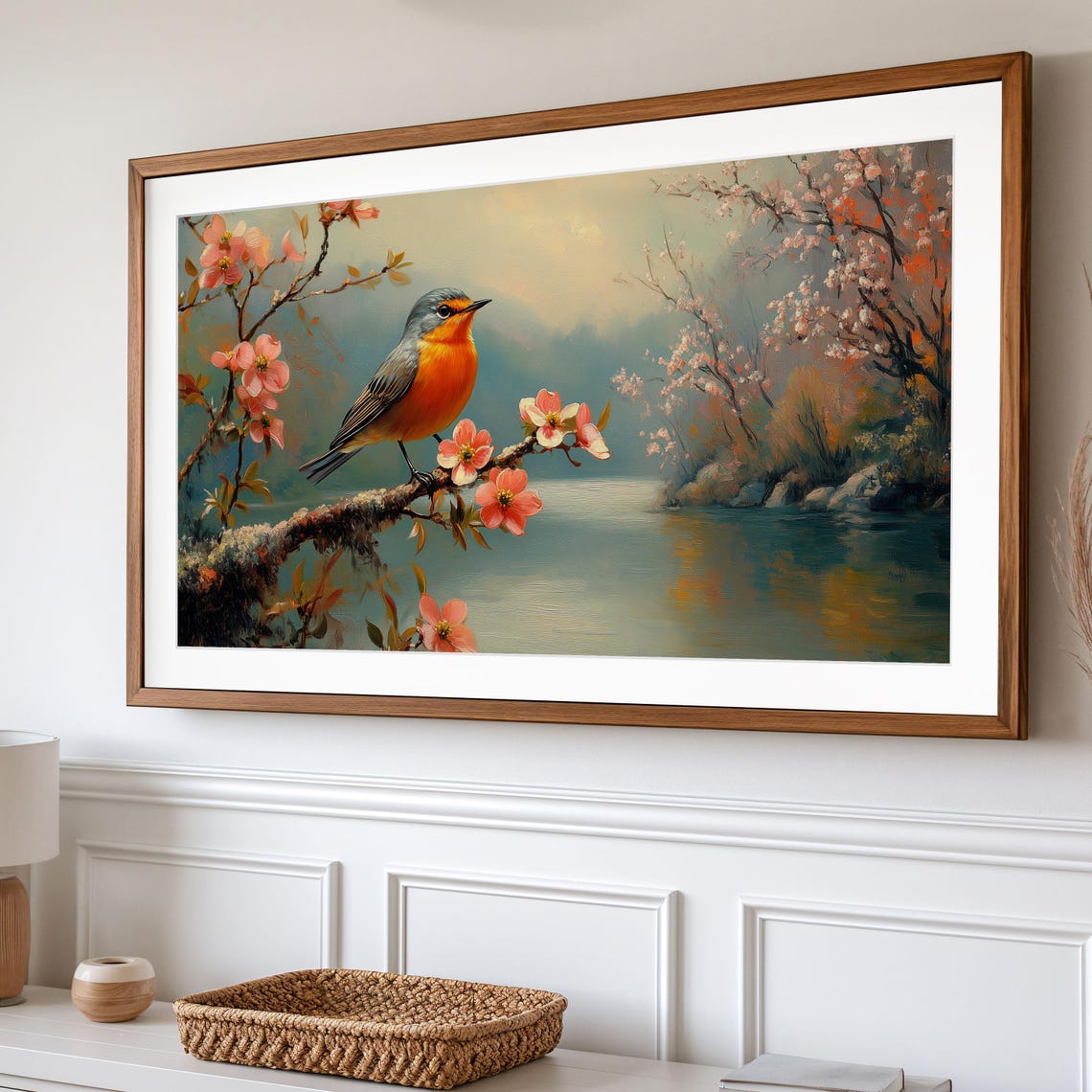 Robin On Cherry Blossom Branch Above Calm River Spring Poster - Image 2