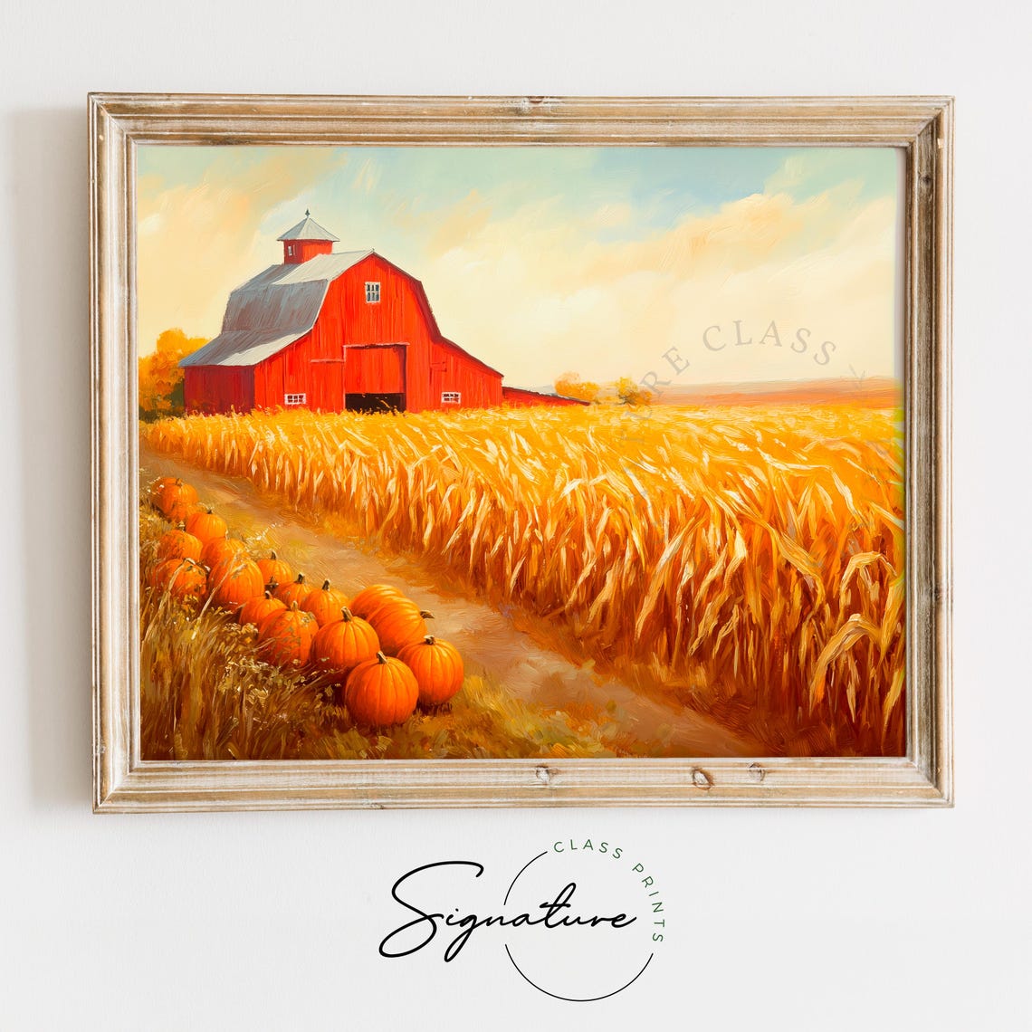 Red Barn Pumpkin Harvest Painting Golden Wheat Field Fall Decor Poster