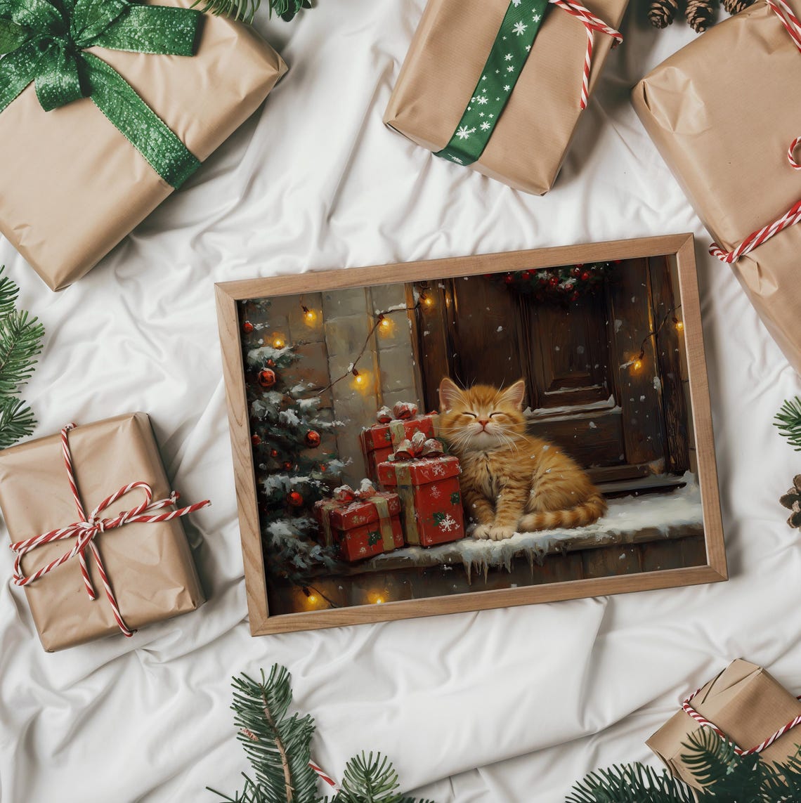 Sleeping Ginger Kitten on Snowy Porch Ledge Beside Red Gifts Poster - Image 2