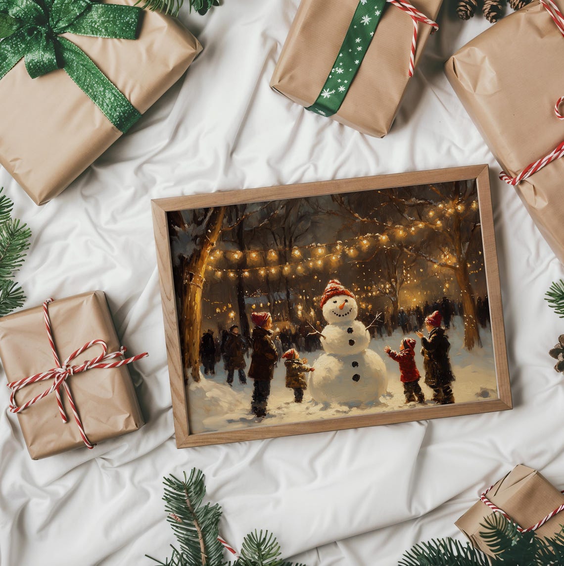 Children Building A Big Snowman Under Twinkling Winter Lights Poster - Image 2