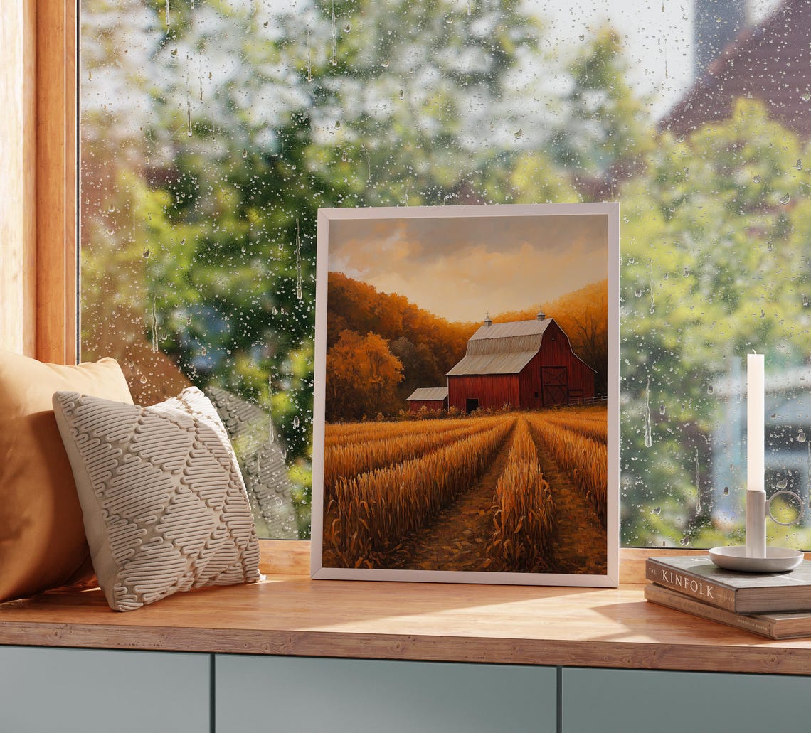 Classic Red Barn At Sunset Golden Autumn Wheat Harvest Field Print - Image 2