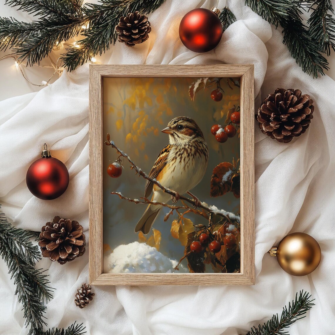 Sparrow on a Snowy Berry Branch With Golden Autumn Leaves Poster - Image 4