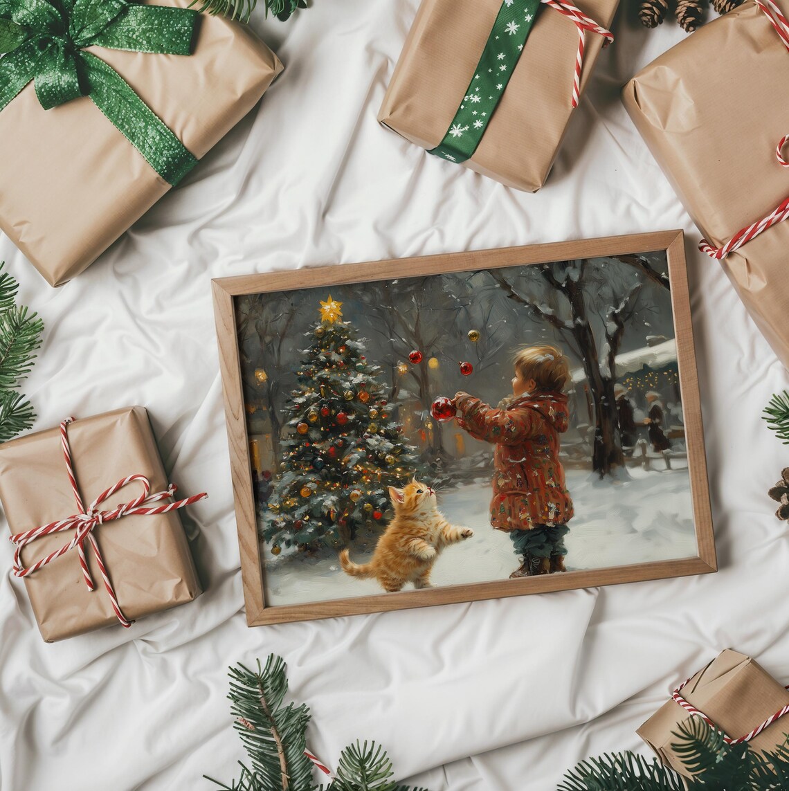 Child and Kitten Playing With Christmas Ornaments Snowy Night Poster - Image 2