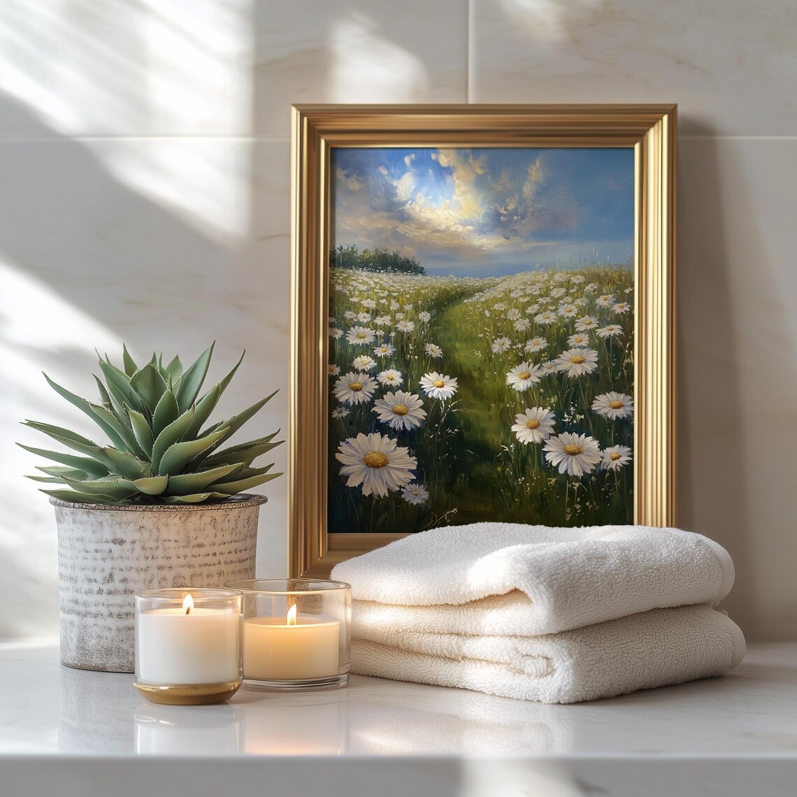 Endless Daisy Field Under Blue Sky Spring Meadow Landscape Painting Poster - Image 3
