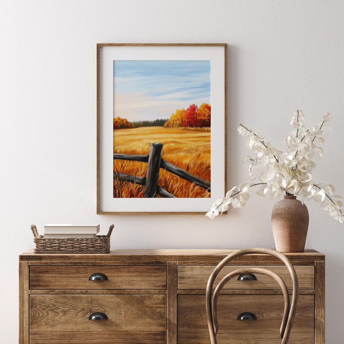 Split Rail Fence Across Golden Meadow With Fiery Autumn Treeline Wall Art - Image 5
