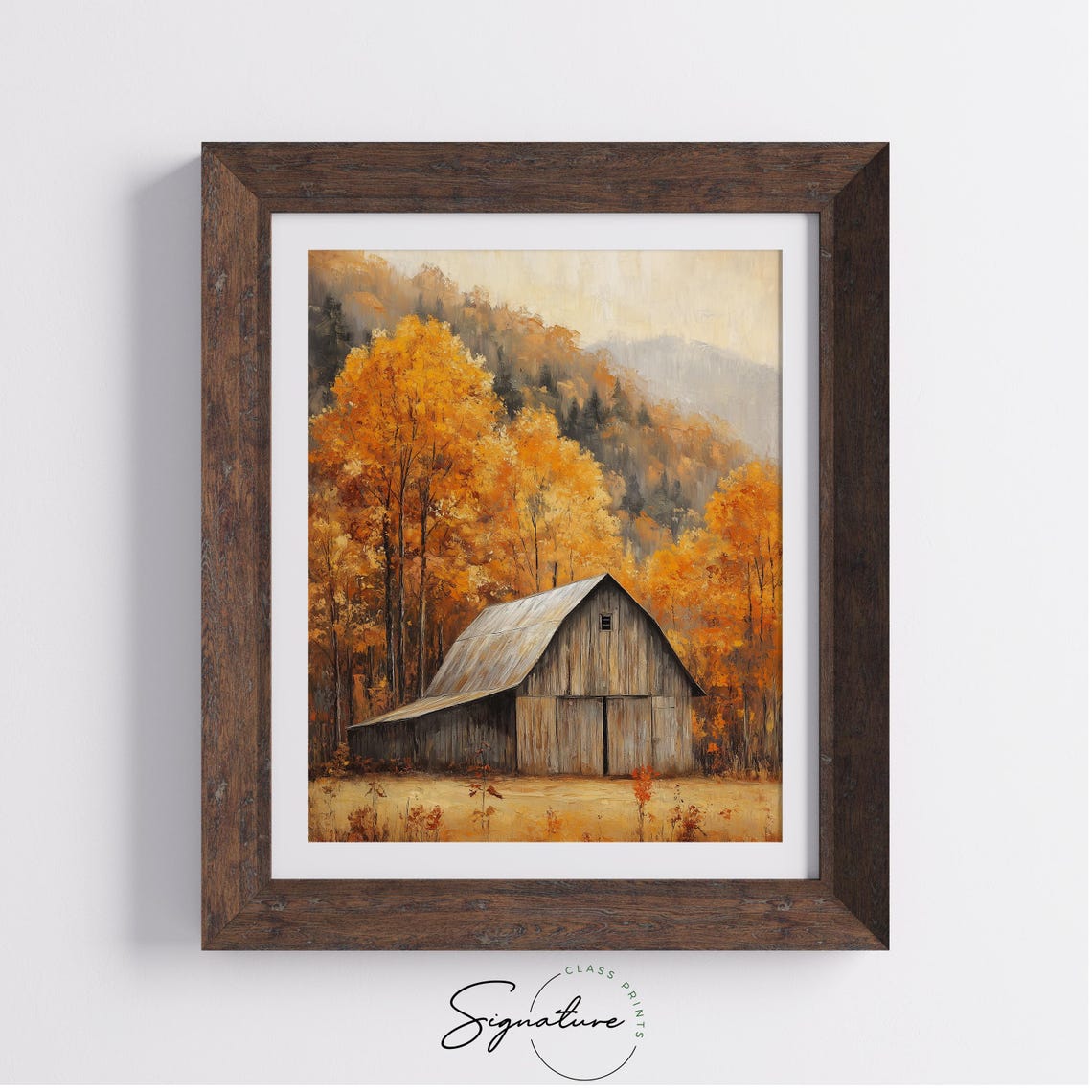Weathered Wooden Barn Beneath Golden Autumn Trees and Hills Poster - Image 4