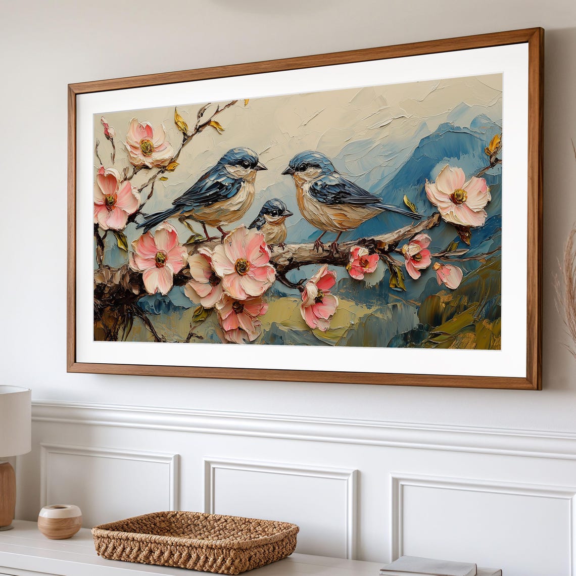 Bluebirds On Pink Dogwood Branch Blue Mountain Backdrop Poster - Image 2