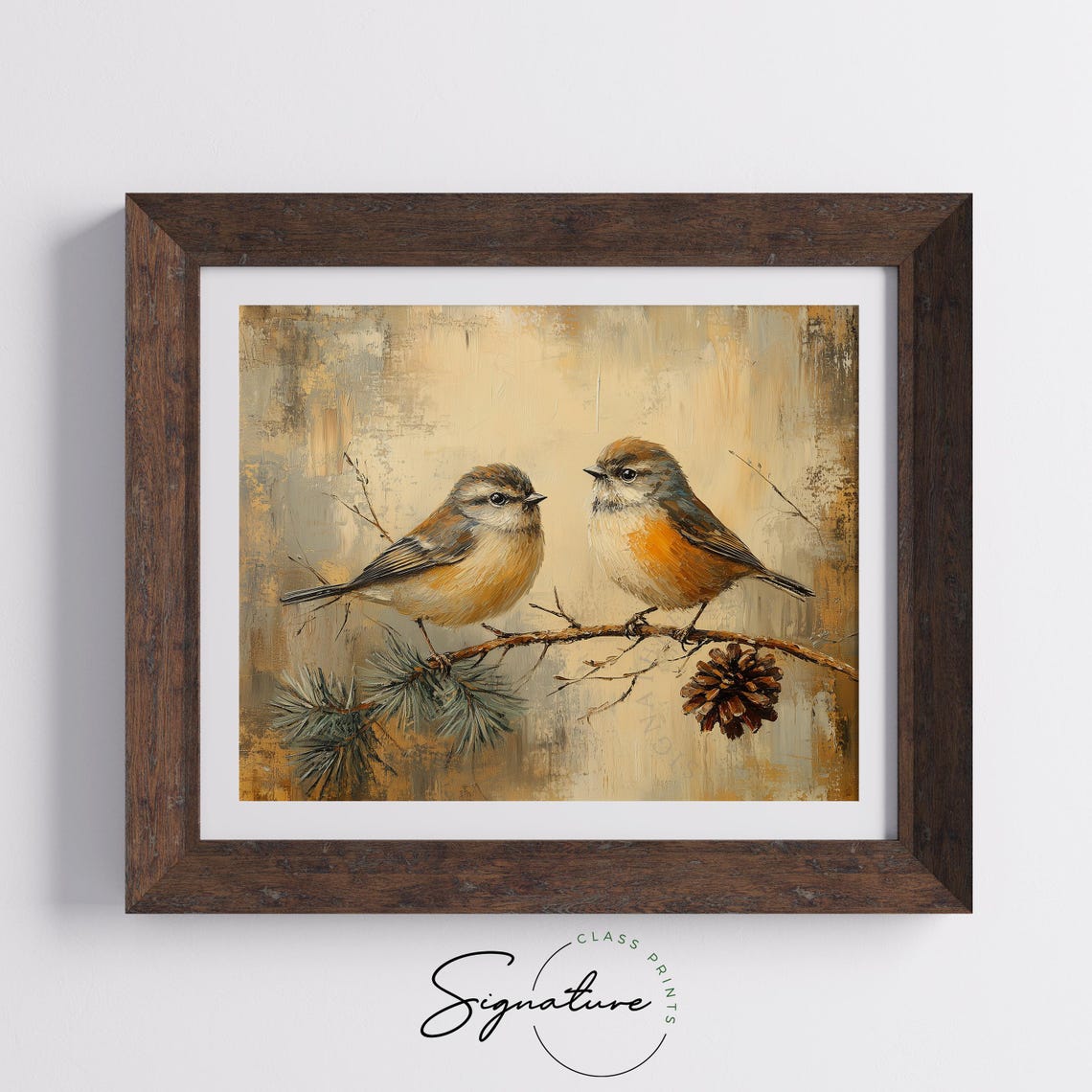 Two Small Songbirds On A Pine Branch With Pinecone Painting Poster - Image 5