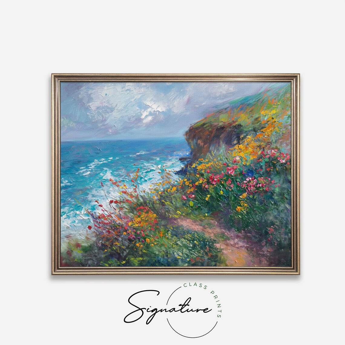 Coastal Cliff Wildflowers Overlooking Turquoise Ocean Impressionist Poster - Image 4