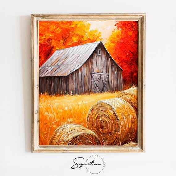 Weathered Barn Metal Roof Hay Bales Fiery Autumn Trees Poster