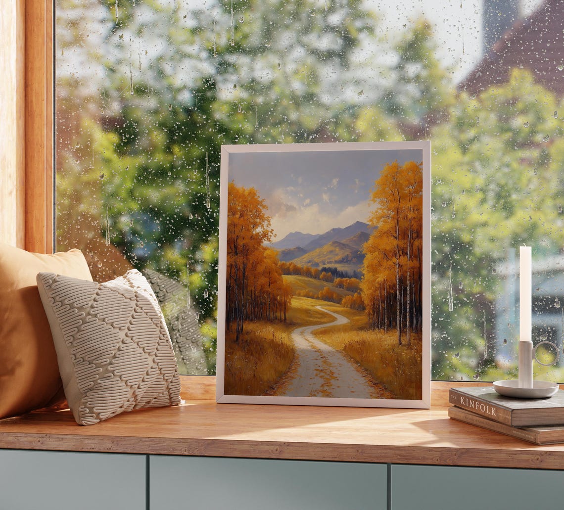 Golden Aspen Path Toward Sunny Mountain Valley Landscape Print - Image 2