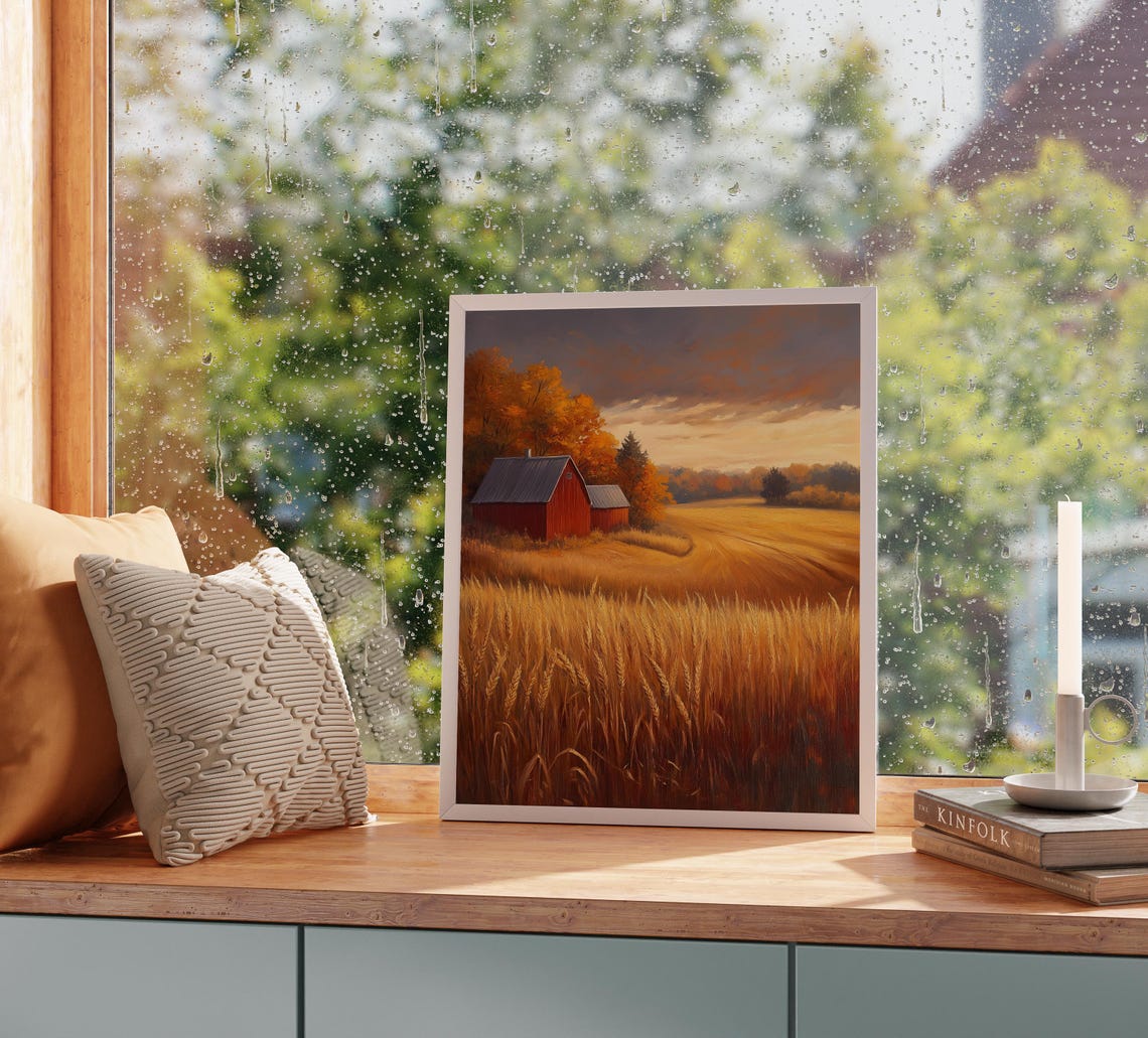 Red Barn at Sunset Over Golden Wheat Field Autumn Landscape Poster - Image 2
