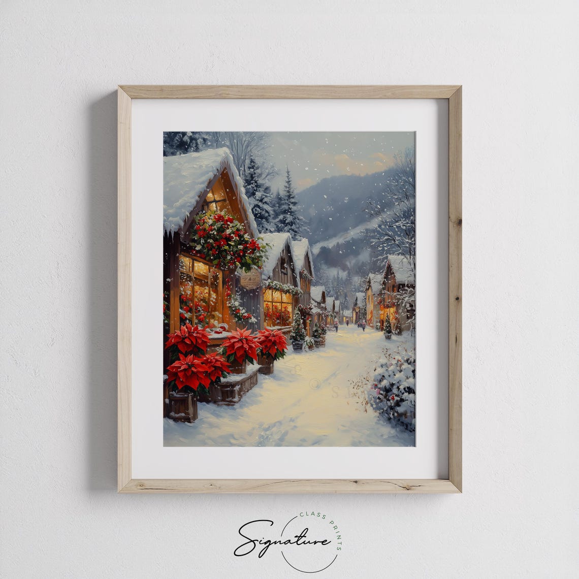 Snowy Village Flower Shop with Poinsettias Christmas Street Poster - Image 2