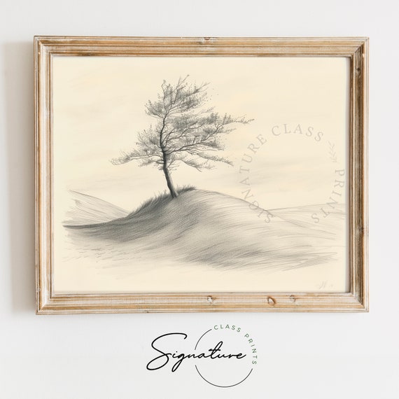 Solitary Tree On Rolling Hillside Sketch Landscape Illustration Countryside Art Tranquil Nature Scene Rural Wall Decor 919