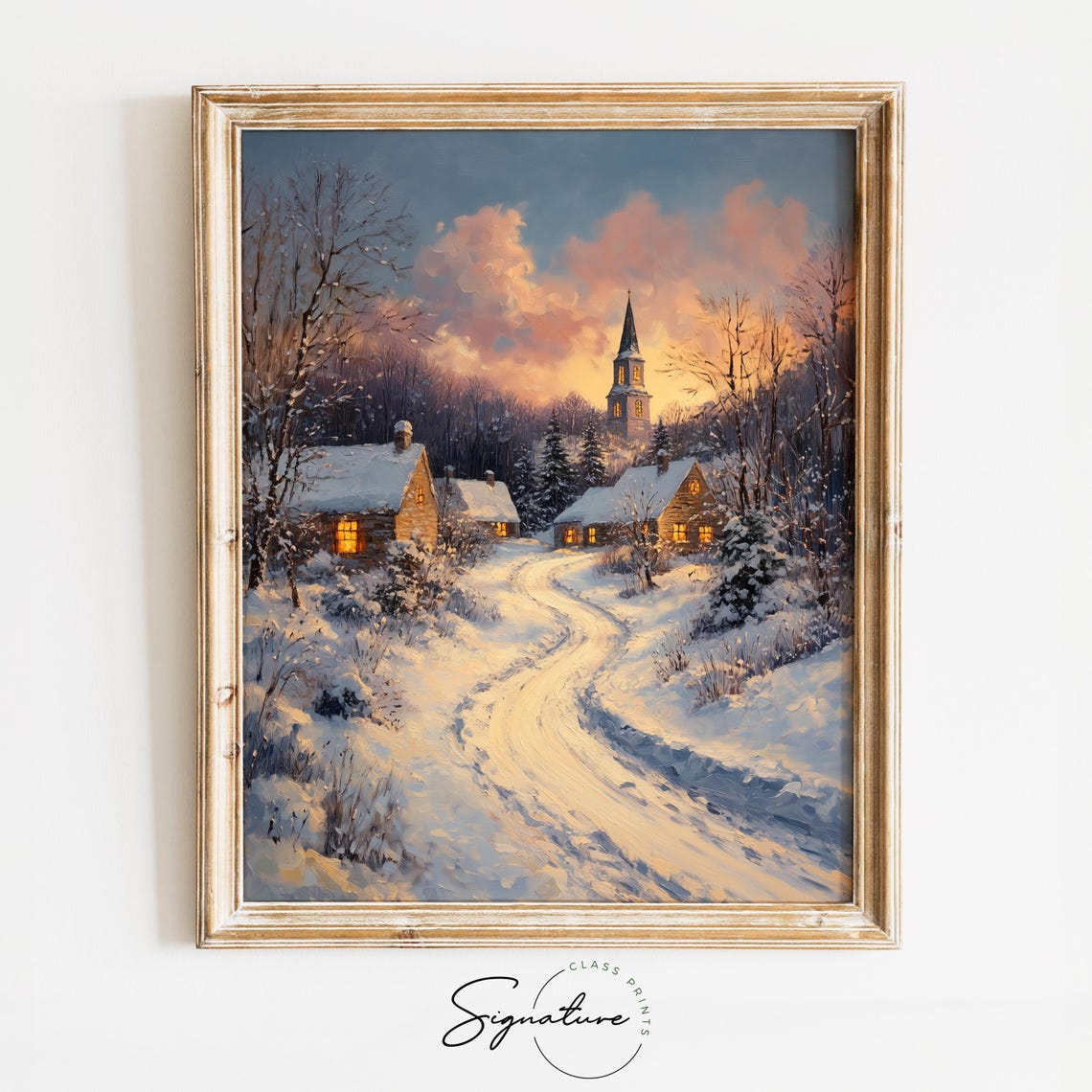 Snowy Church Village at Dusk with Glowing Windows Winter Poster