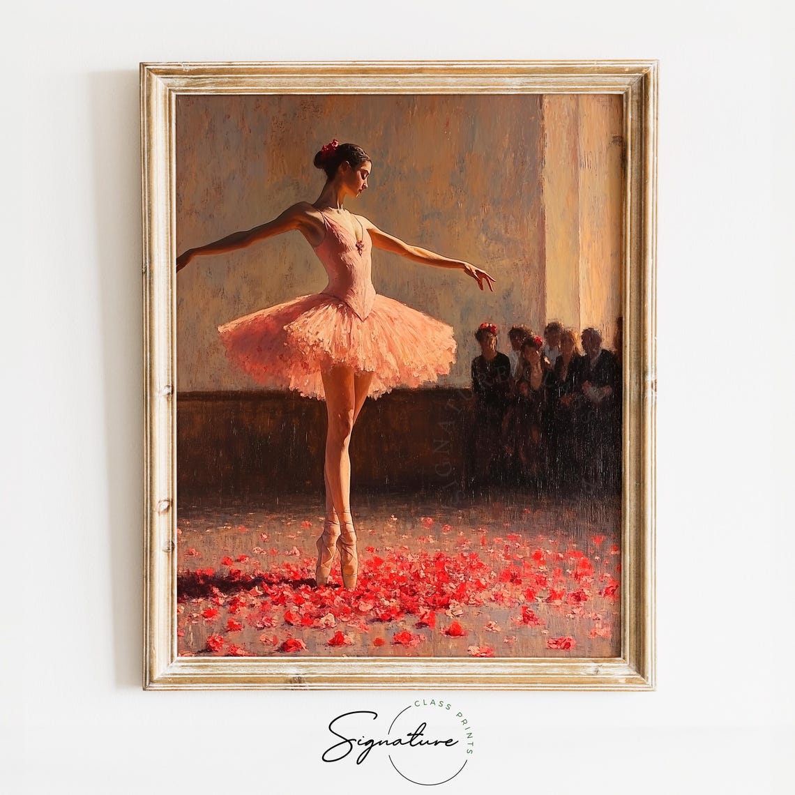 Ballet Dancer in Pink Tutu Scattered Rose Petals Stage Poster
