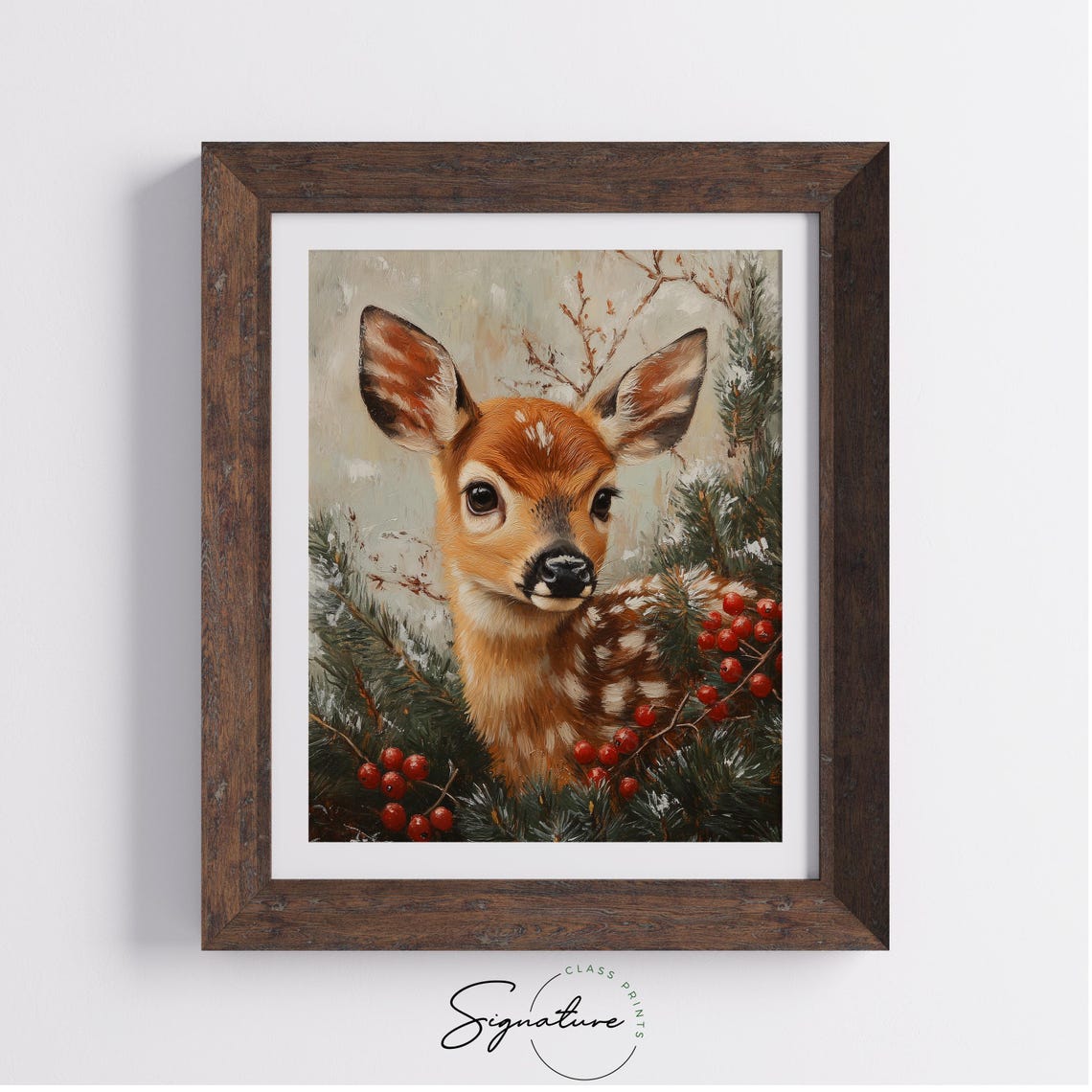 Fawn Among Pine Branches and Red Berries Winter Oil Painting Print - Image 3