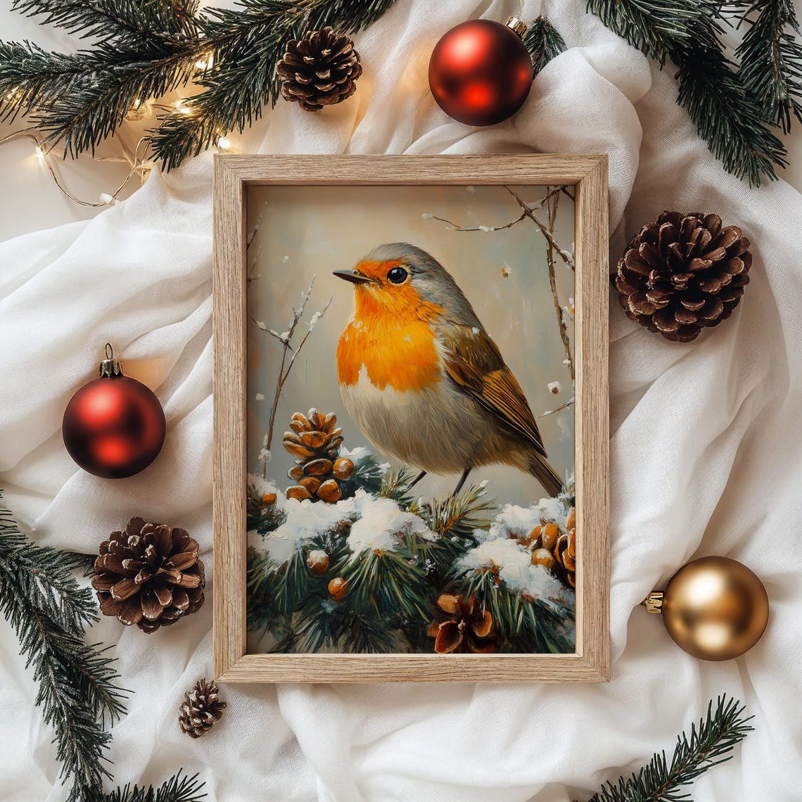 Robin on Snowy Pine Branch with Pinecones Winter Oil Painting Print - Image 4