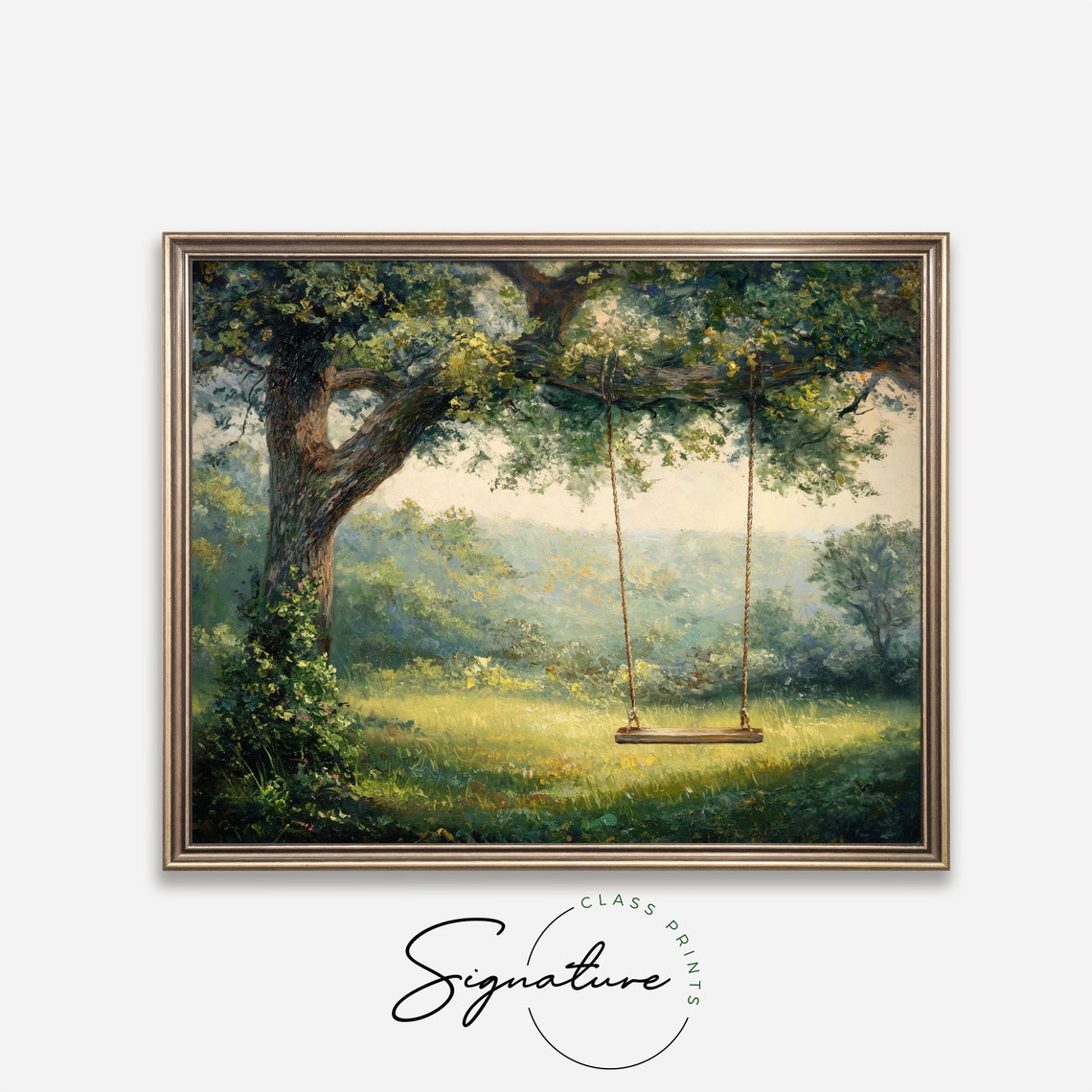Wooden Swing Under Oak Tree Canopy Misty Green Meadow Vintage Poster - Image 4