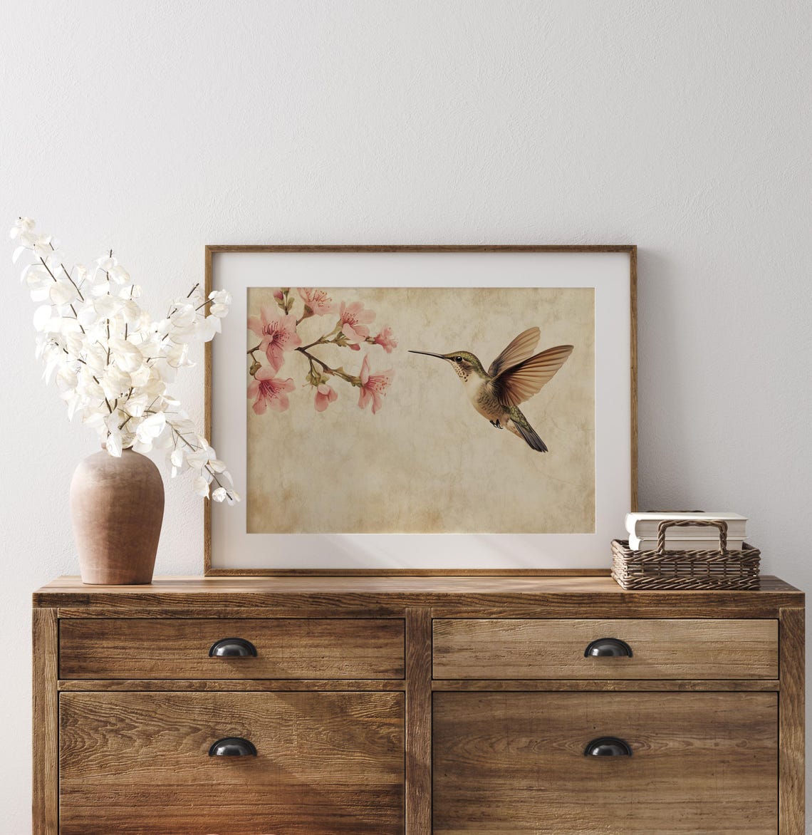Hummingbird Near Pink Cherry Blossoms Vintage Parchment Poster - Image 2