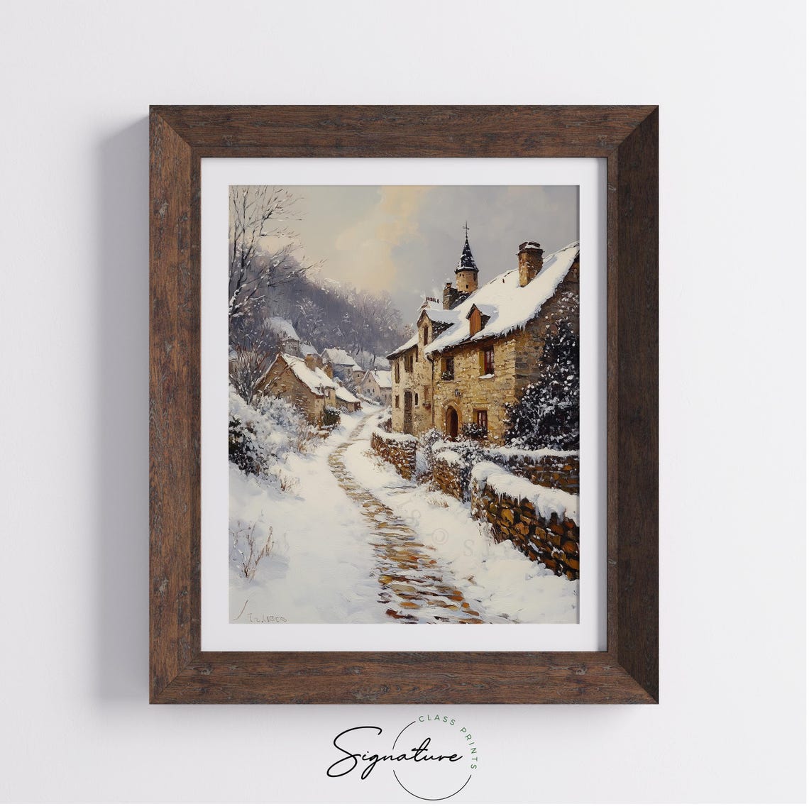 Snowy Cobblestone Path Through Old Village Winter Scene Poster - Image 3