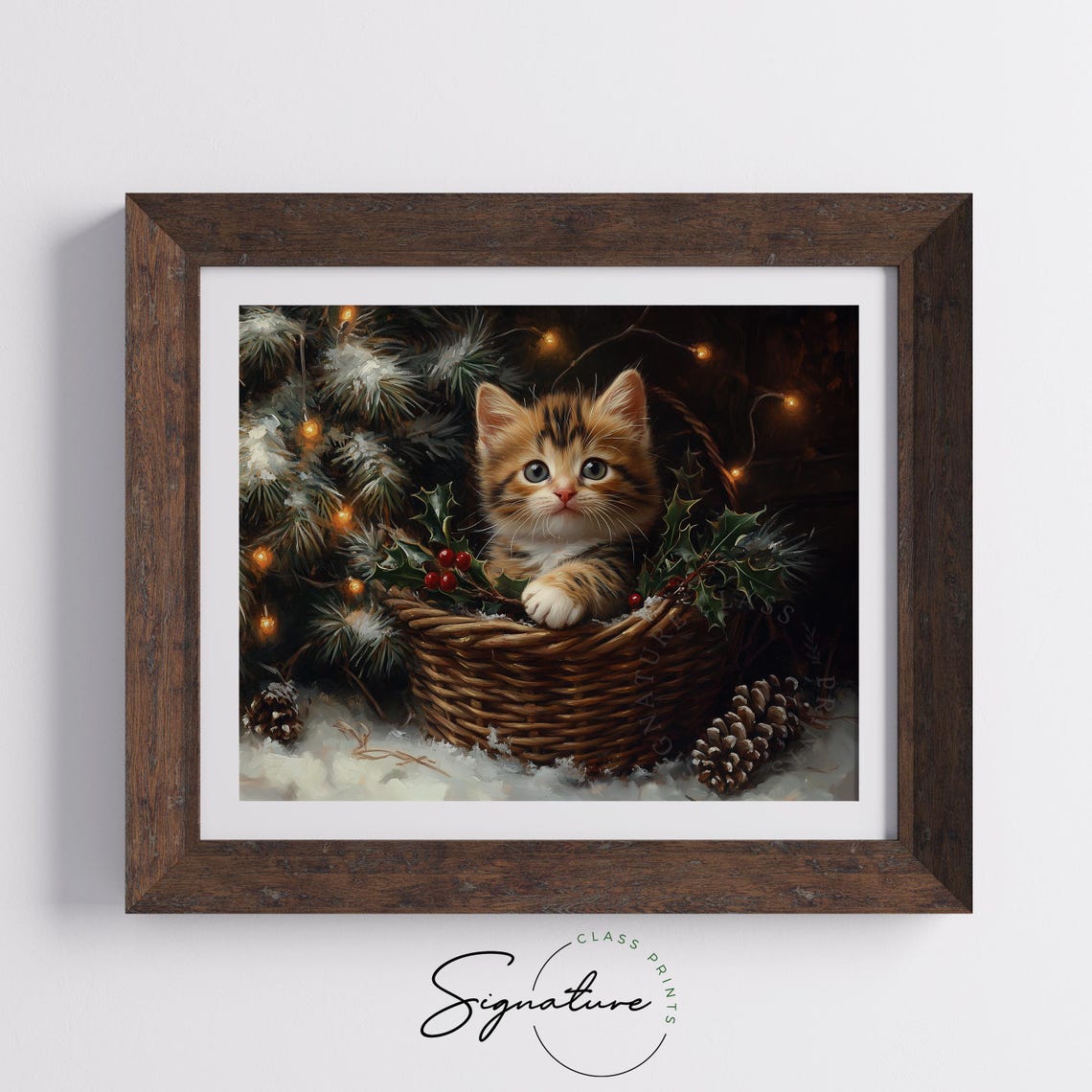 Tabby Kitten in Wicker Basket with Holly Berries and Pinecones Poster - Image 5